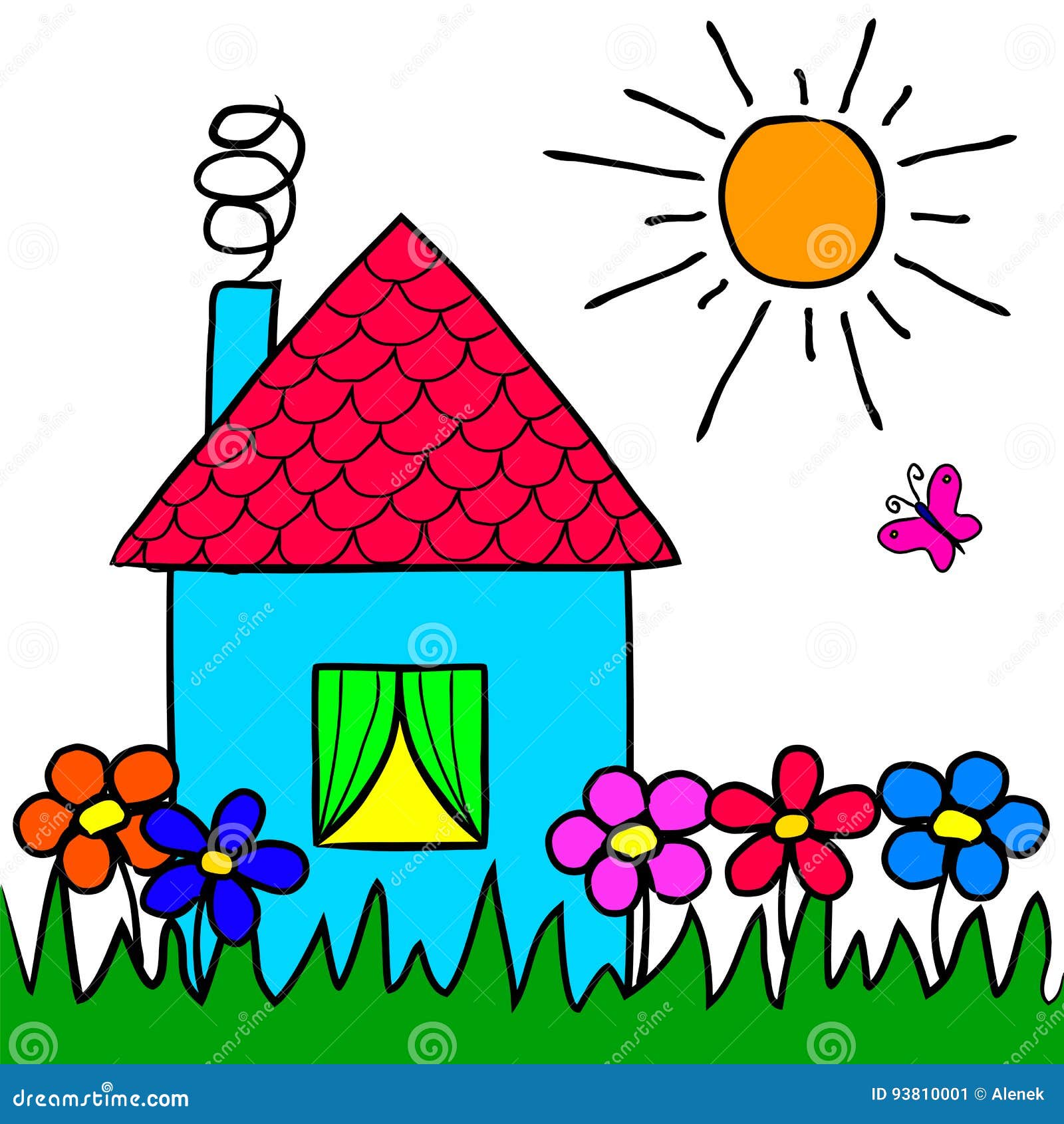 La Casa Del Dibujo Del ` S De Los Niños, Flores, Hierba, Sol Ilustración  del Vector - Ilustración de resorte, mariposa: 93810001