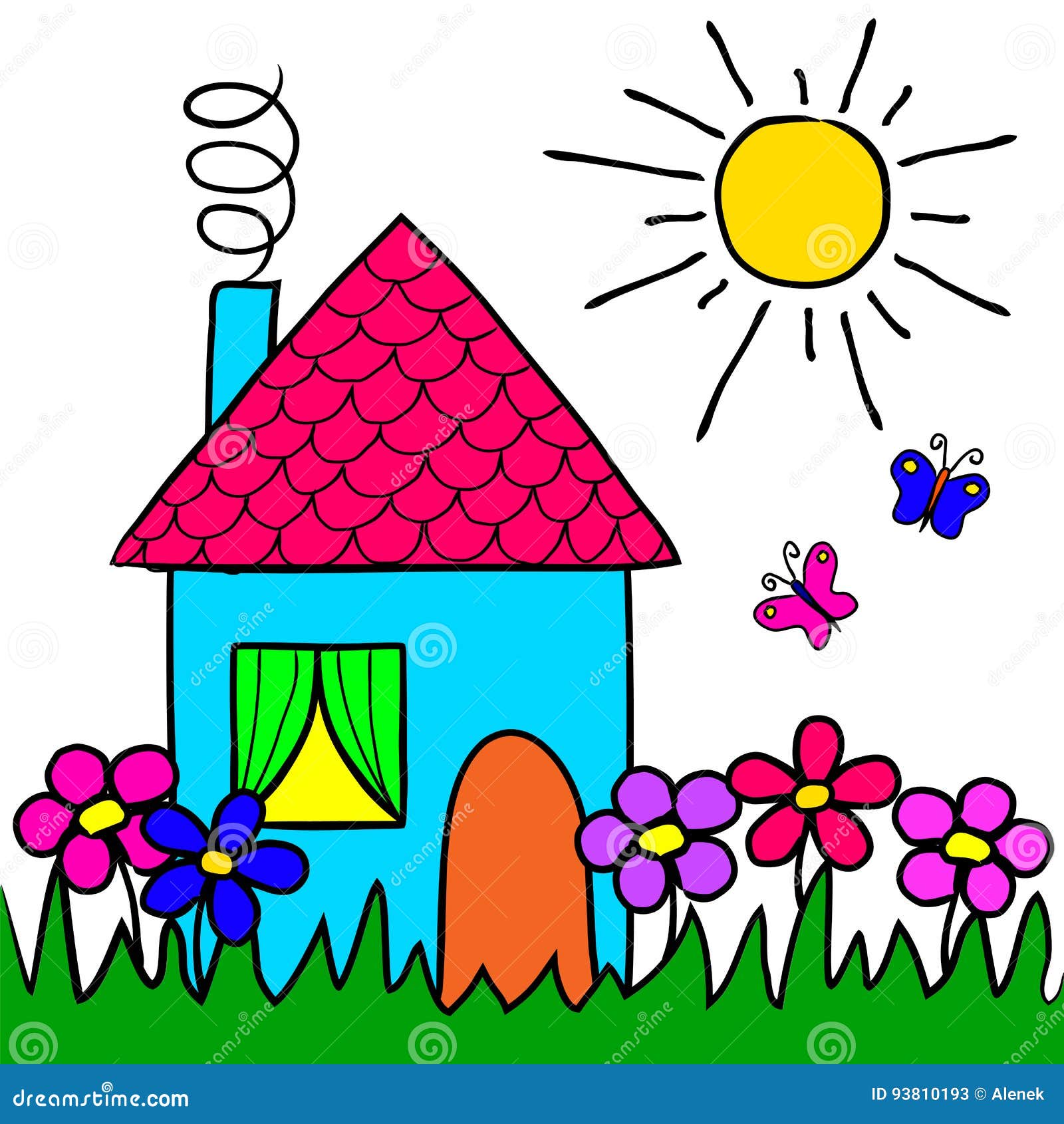 casa de dibujos animados y el sol en el campo de hierba 11795207