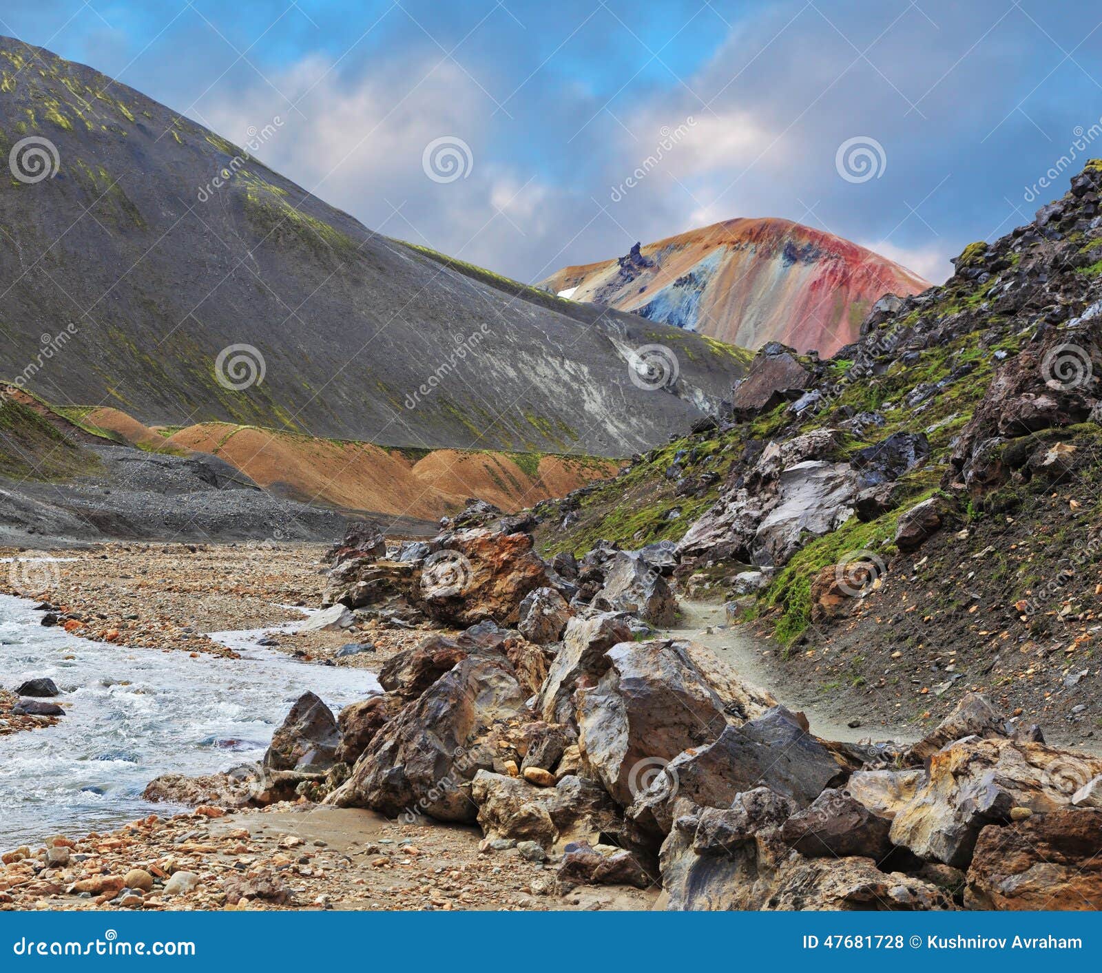 La cima rosa della montagna. Parco nazionale Landmannalaugar in Islanda Insenatura nella gola fra le montagne Sull'orizzonte - cima rosa della montagna con le bande del turchese