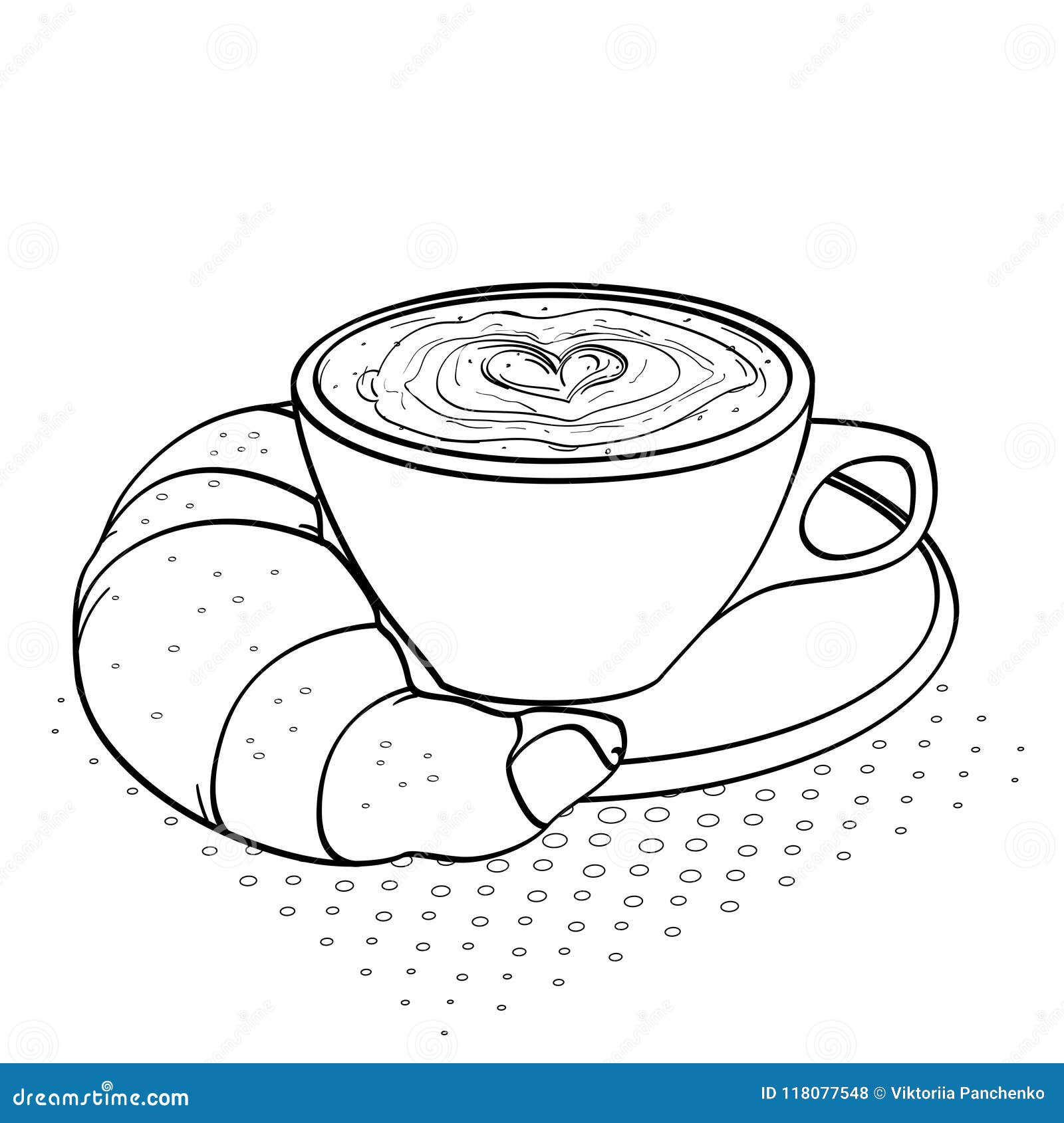 Petit Déjeuner Dessin Noir Et Blanc La Coloration Des Enfants, Les Lignes Noires Et Le Fond Blanc, Le Petit Déjeuner, Le Café Avec De La Crème Et Le Croissant Vecteu Illustration de Vecteur - Illustration du chaud, cache: