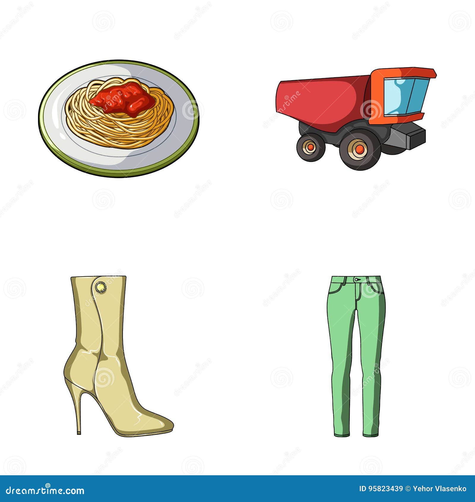 La Comida, Los Zapatos Y El Otro Icono Del Web En Estilo De La Historieta  Ropa, Iconos Del Transporte En La Colección Del Sistema Ilustración del  Vector - Ilustración de tomate, transporte: