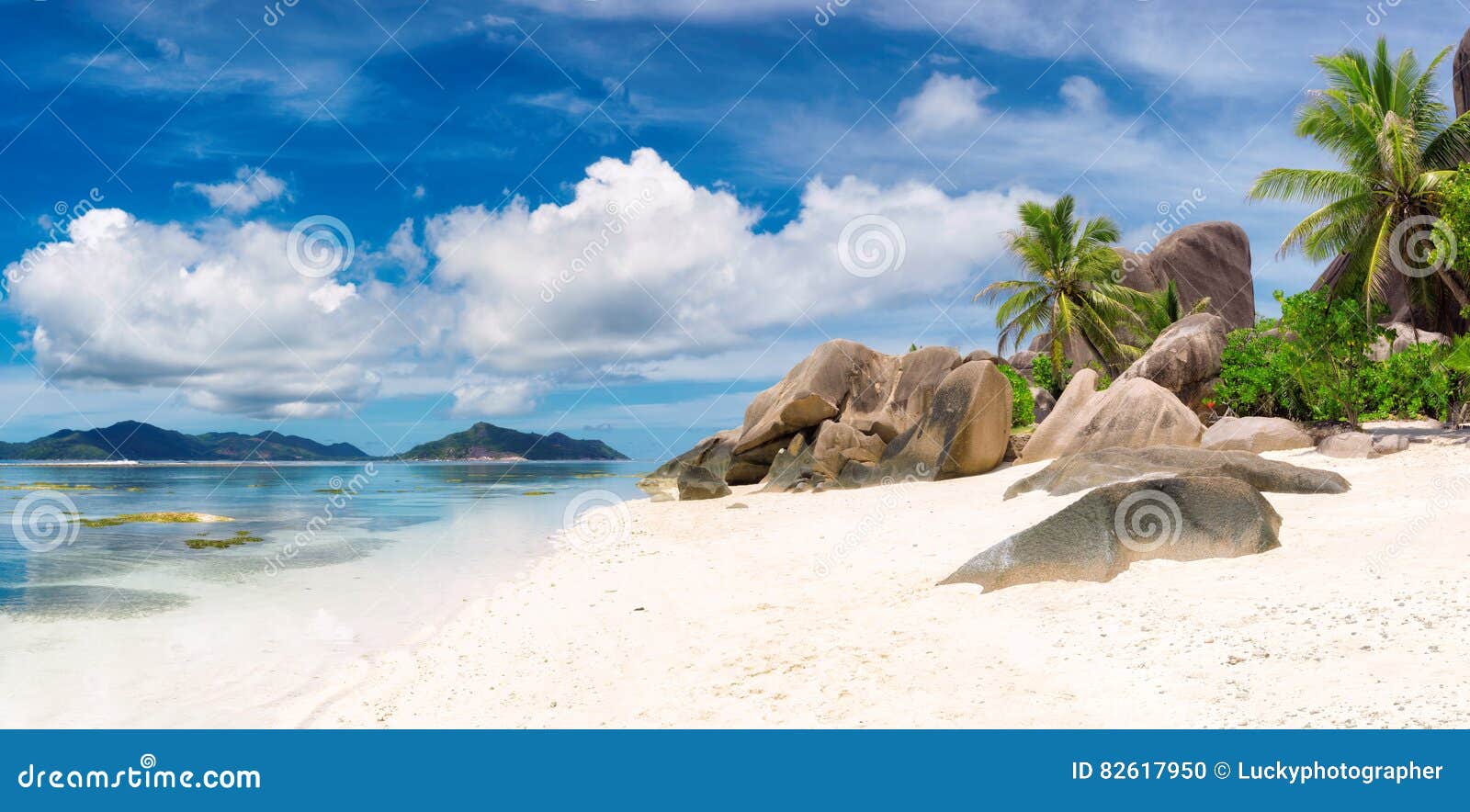 la digue island - panorama. paradise beach of seychelles, anse source d`argent