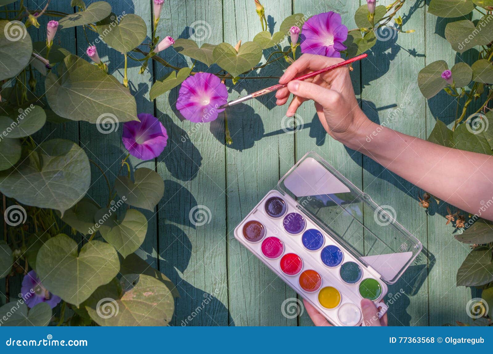 La Donna Dipinge I Fiori Nel Giardino Con La Pittura Dell Acquerello Fotografia Stock Immagine Di Spazzola Wooden