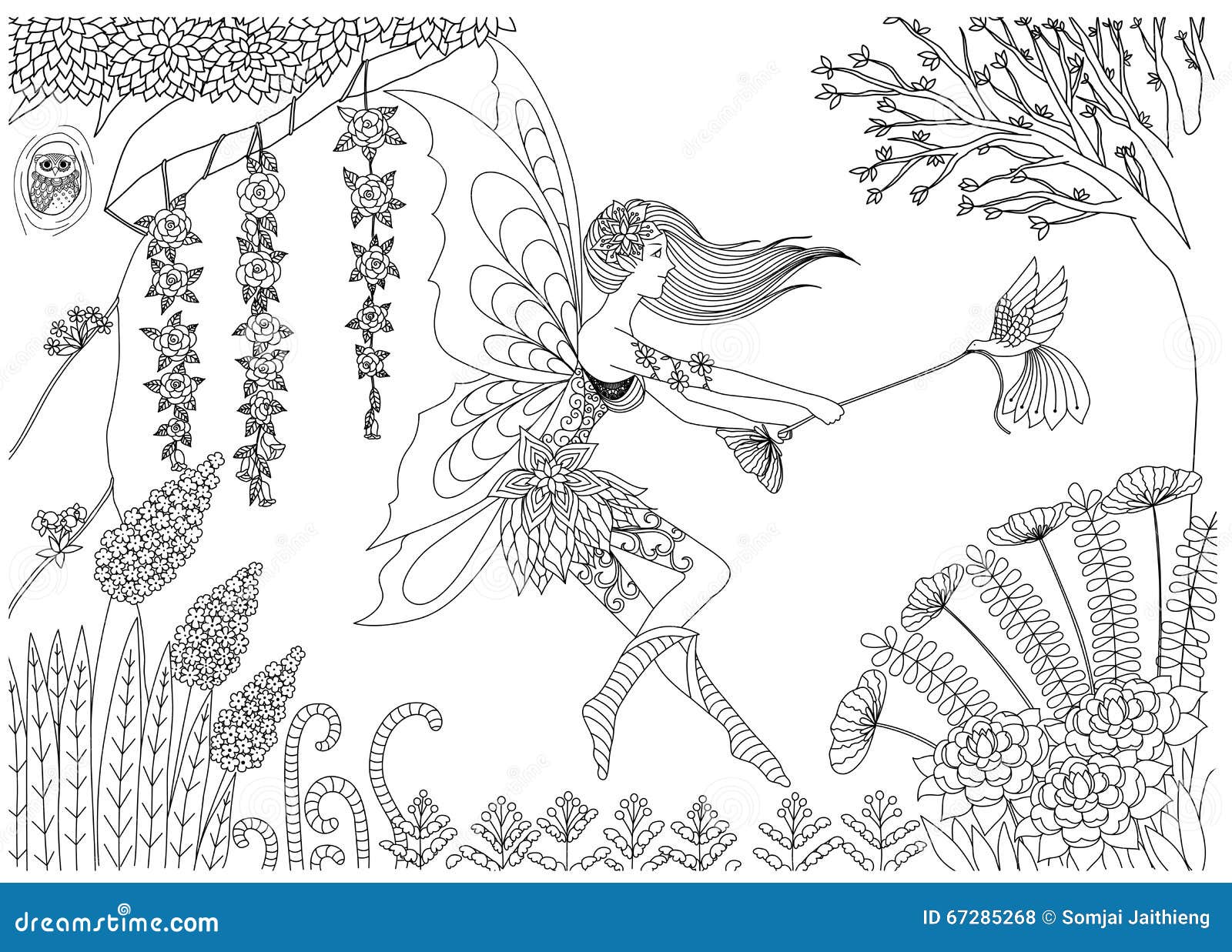 La fée joue avec l oiseau dans la conception de forªt pour livre de coloriage pour les actions adultes