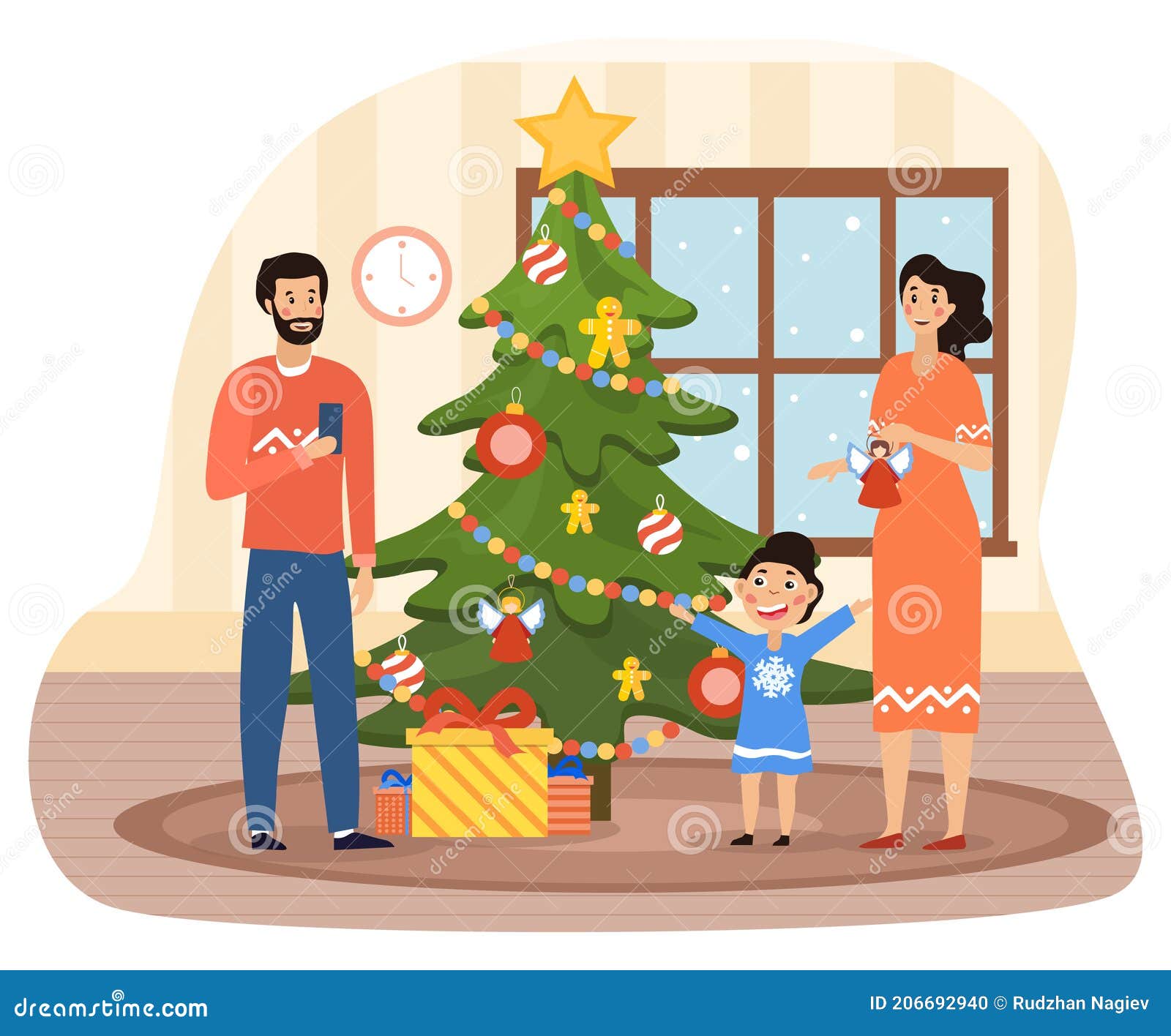 La Familia Decora El árbol De Navidad Stock de ilustración - Ilustración de  celebre, padre: 206692940