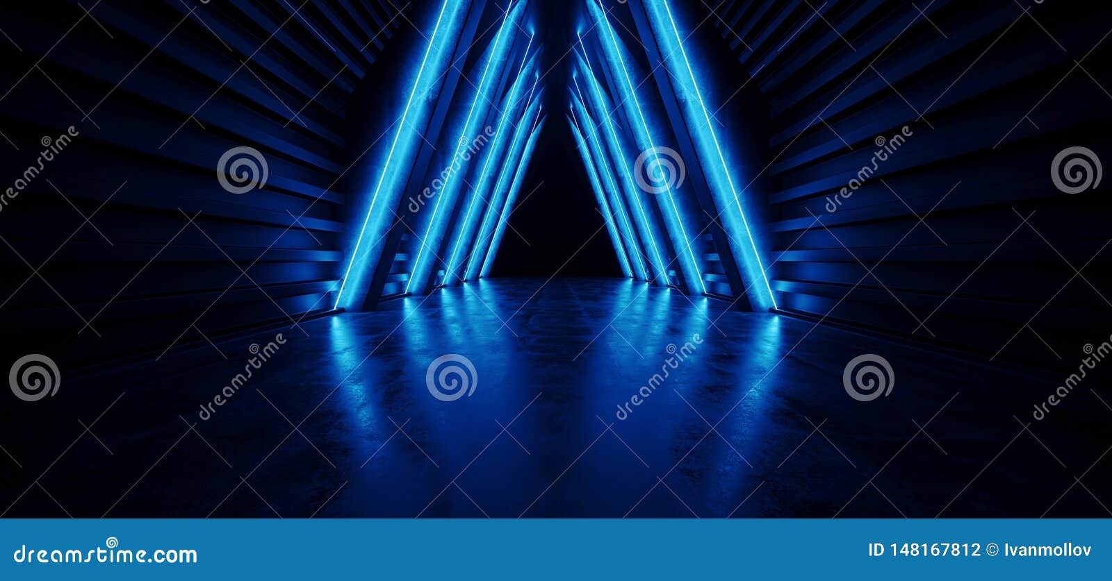 Future Neon Sci Fi Blue Triangle Shaped Spaceship Concrete Grunge Virtual Reality Tunnel Corridor Hallway Entrance Path Dark Glow Fluorescent Laser Led 3D Rendering Illustration.