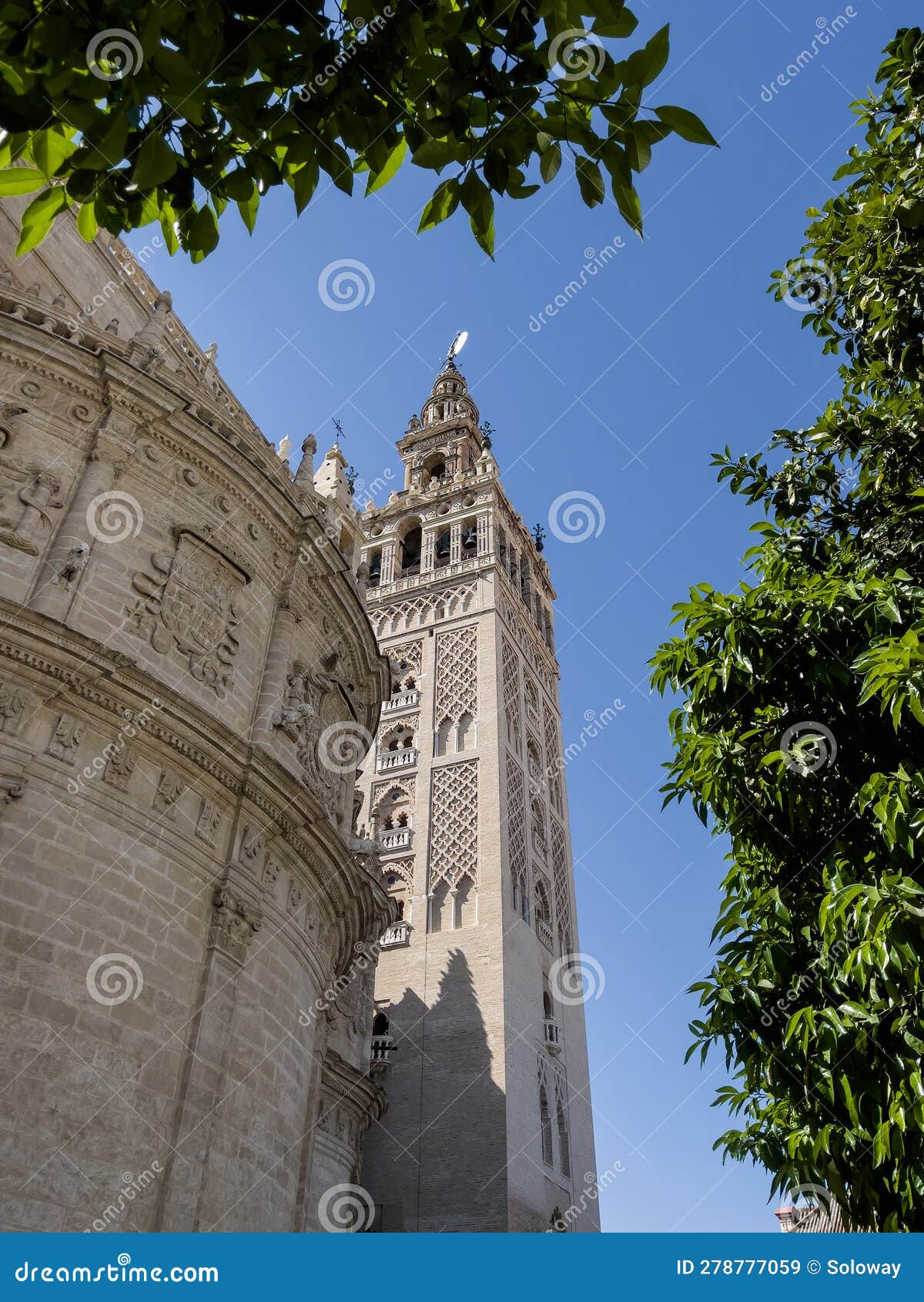 la giralda tower of the cathedral of seville wide angle shot from the patio de los naranjos