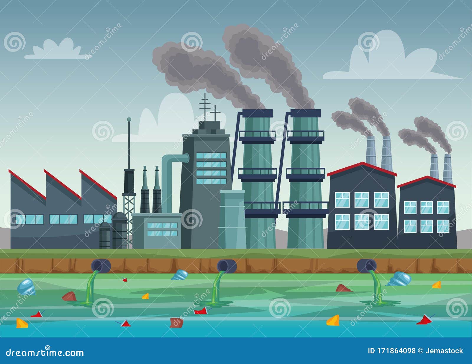 La Industria De Las Fábricas Que Contaminan La Escena Del Agua Ilustración  del Vector - Ilustración de radiactivo, marco: 171864098