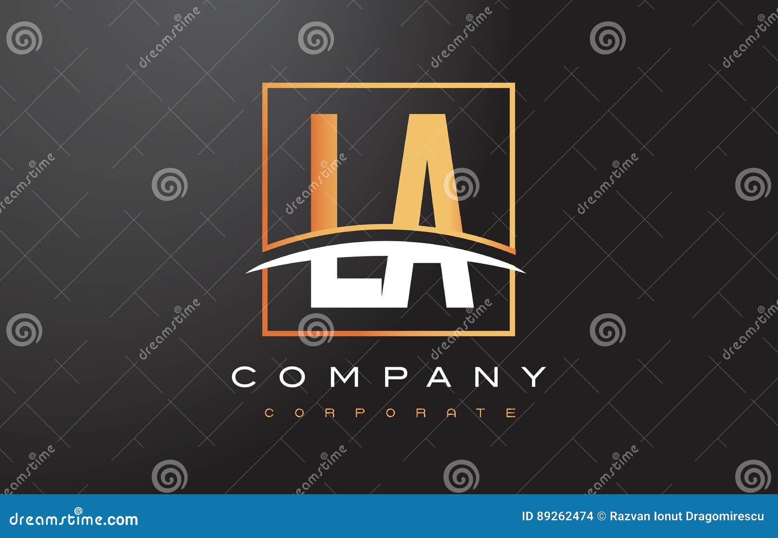 la l a golden letter logo  with gold square and swoosh.