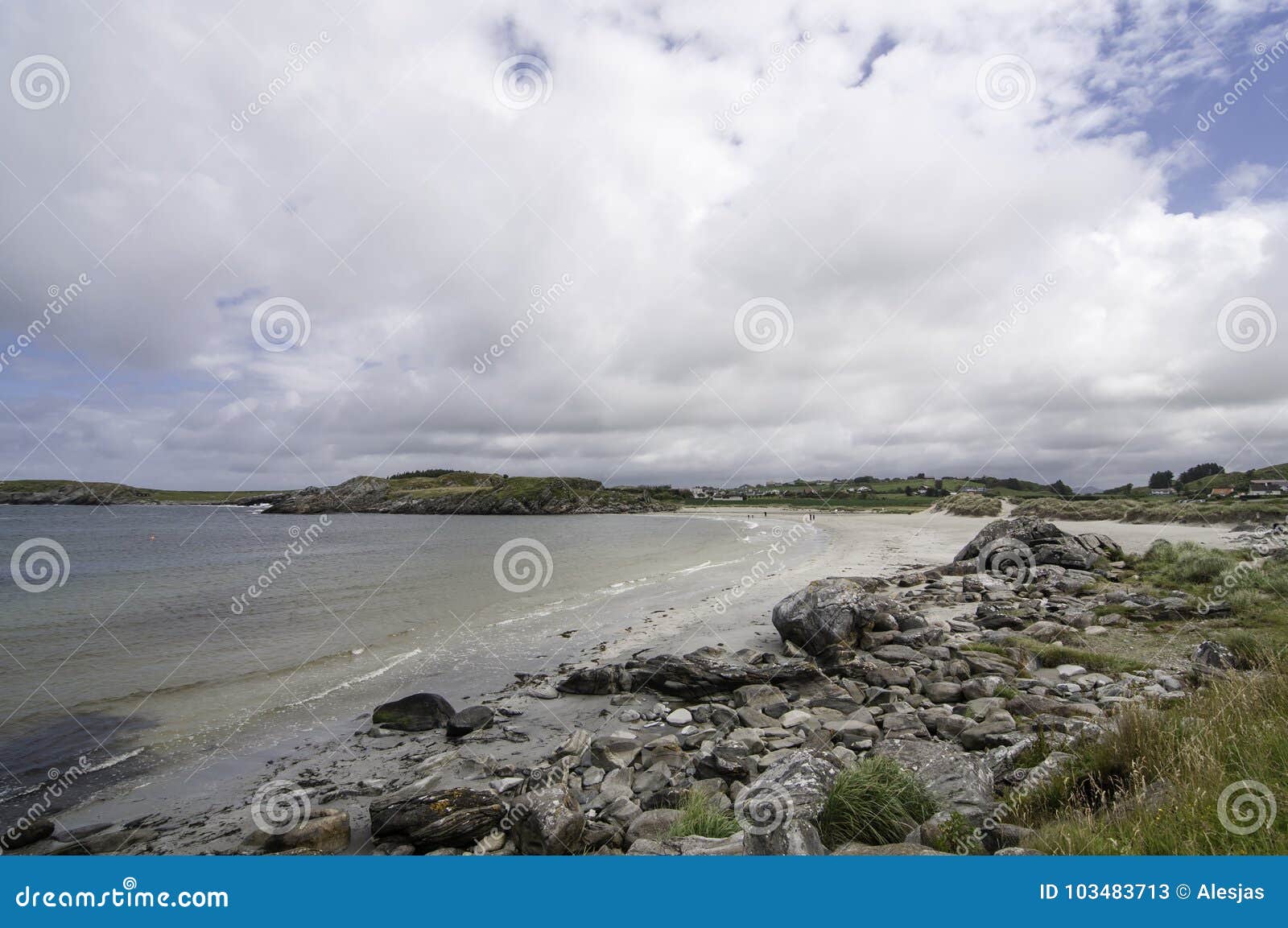 La línea de la playa noruega típica de la costa oeste con una playa arenosa y una porción de piedras en un rato del día