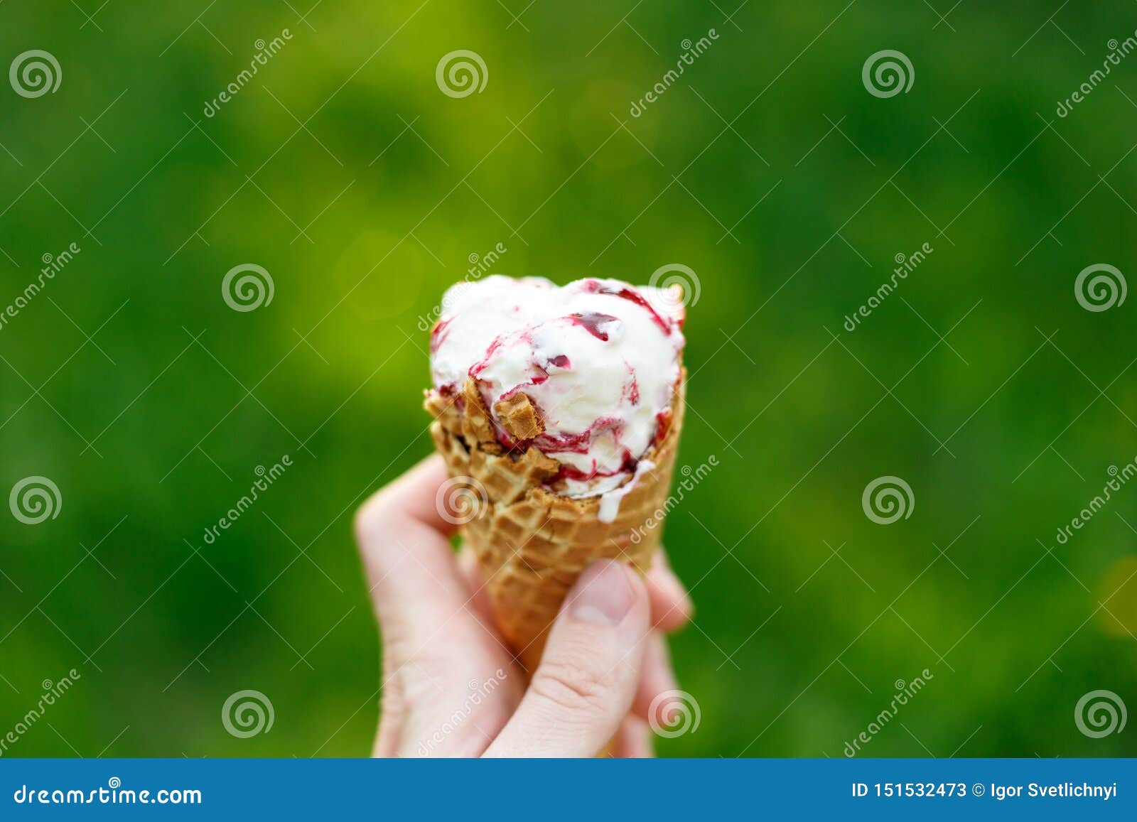 The hand holds a juicy, appetizing ice cream on the background of a natural background. Bright sunny day. Soft focus. Ice cream close-up