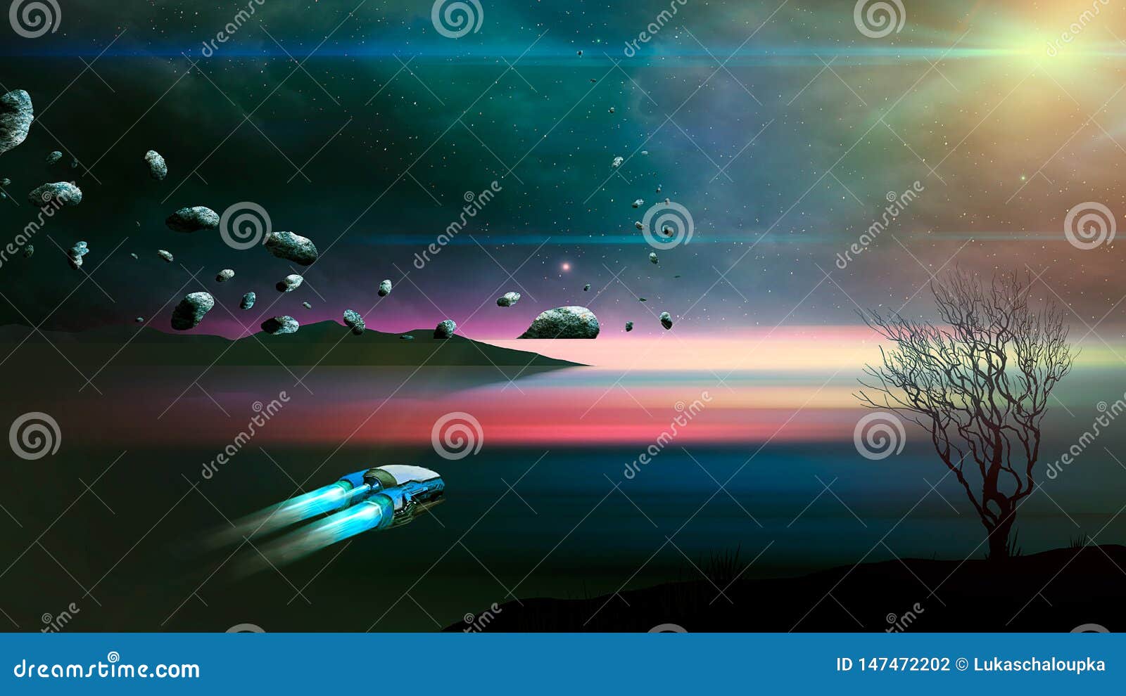 La mosca dell'astronave nel paesaggio di fantascienza con l'asteroide, albero blured l'acqua e la nebulosa Pittura di Digitahi Elementi ammobiliati dalla NASA rappresentazione 3d