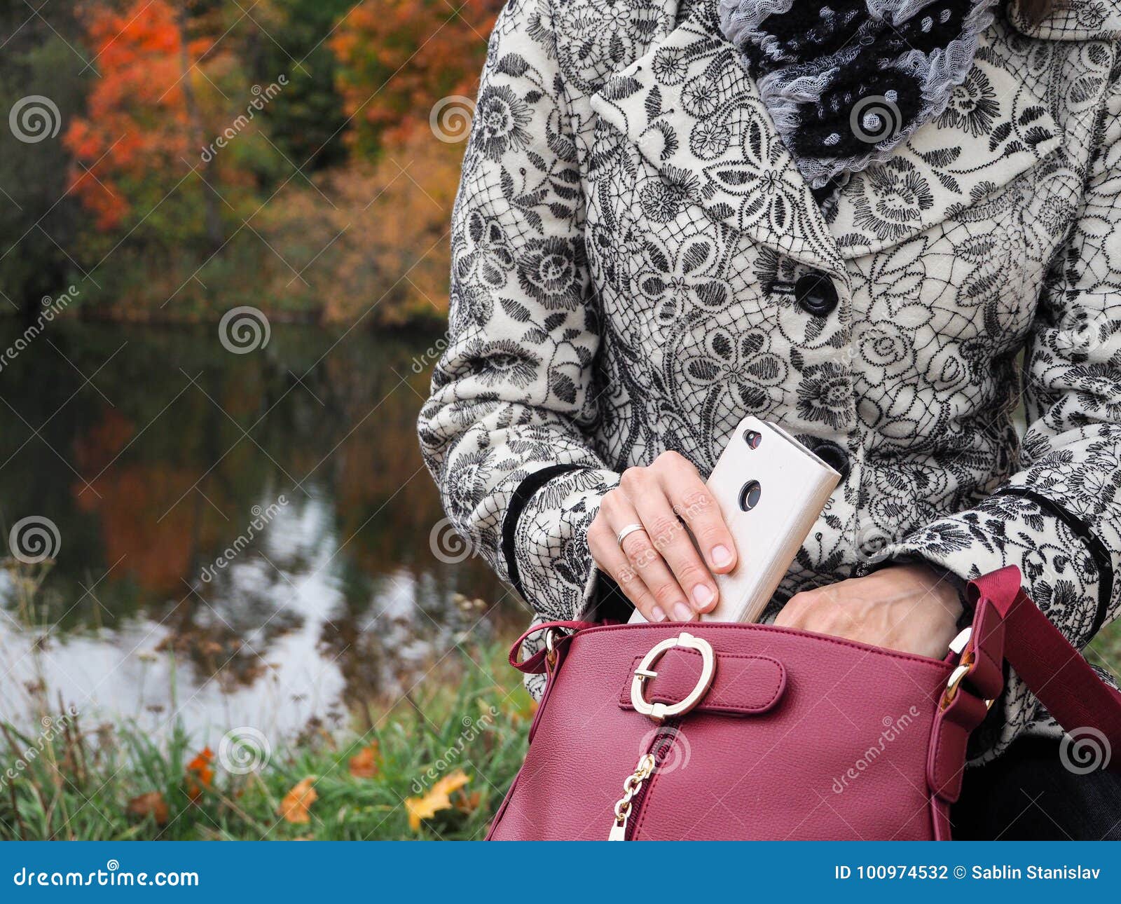 La Mujer De Negocios Tira De Un Teléfono Móvil Del Bolso La Mujer