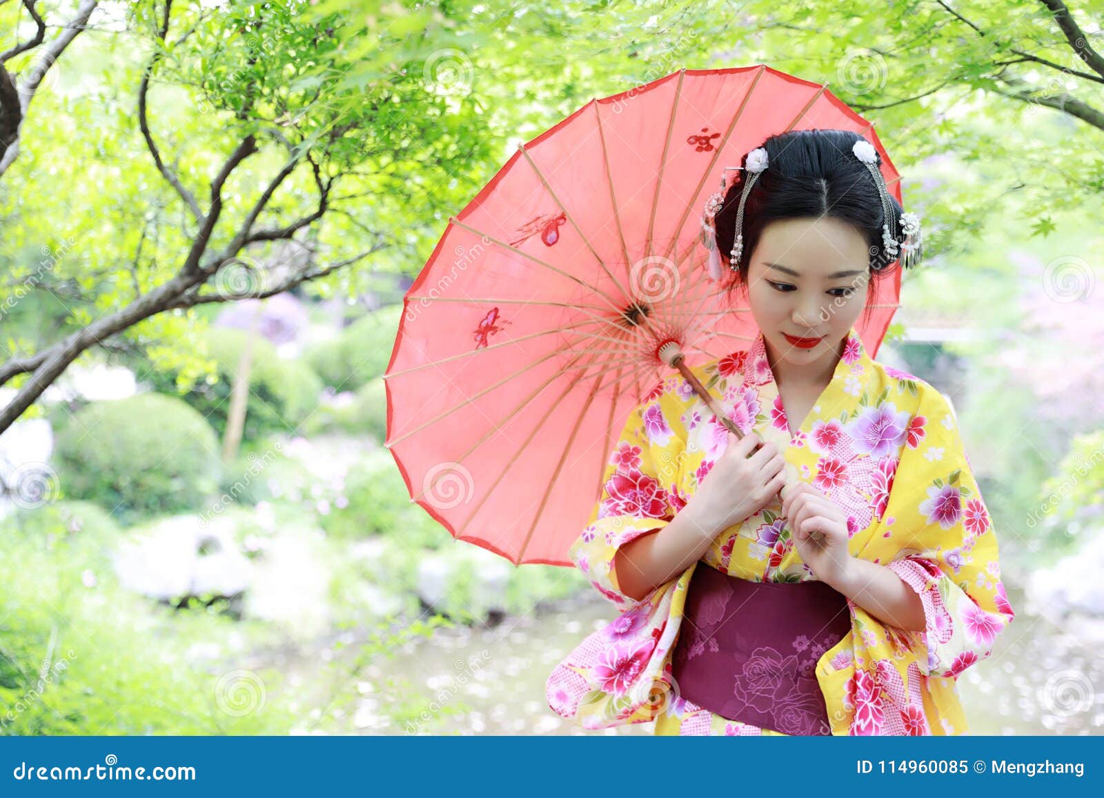 La Mujer Hermosa Japonesa Asiática Tradicional Del Geisha Lleva a La Novia  Del Kimono Con Un Paraguas Rojo En Un Graden Imagen de archivo - Imagen de  kimono, goce: 114960085