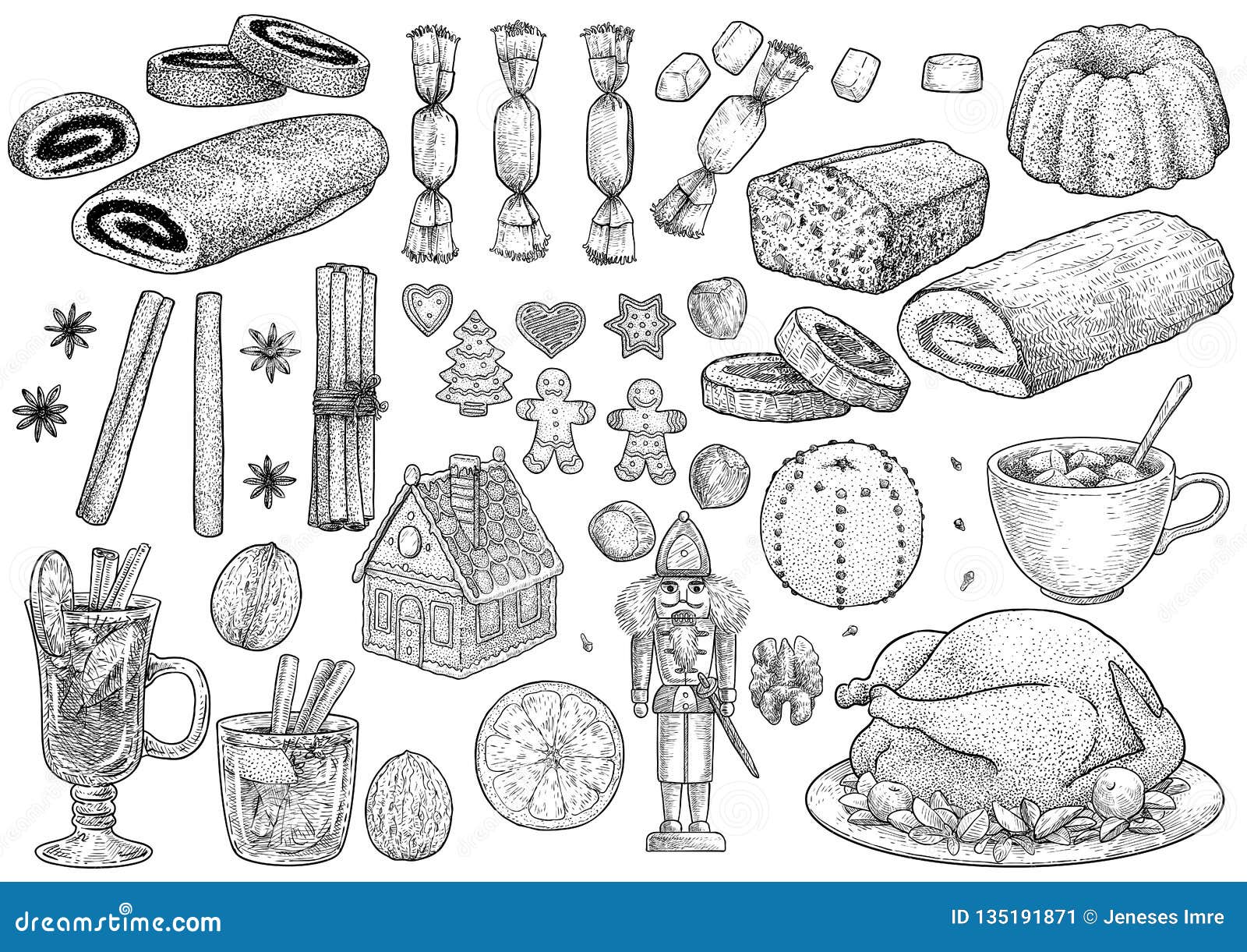 La Navidad, Colección De La Comida De La Celebración, Ejemplo, Dibujo,  Grabado, Tinta, Línea Arte, Vector Ilustración del Vector - Ilustración de  chocolate, gingerbread: 135191871