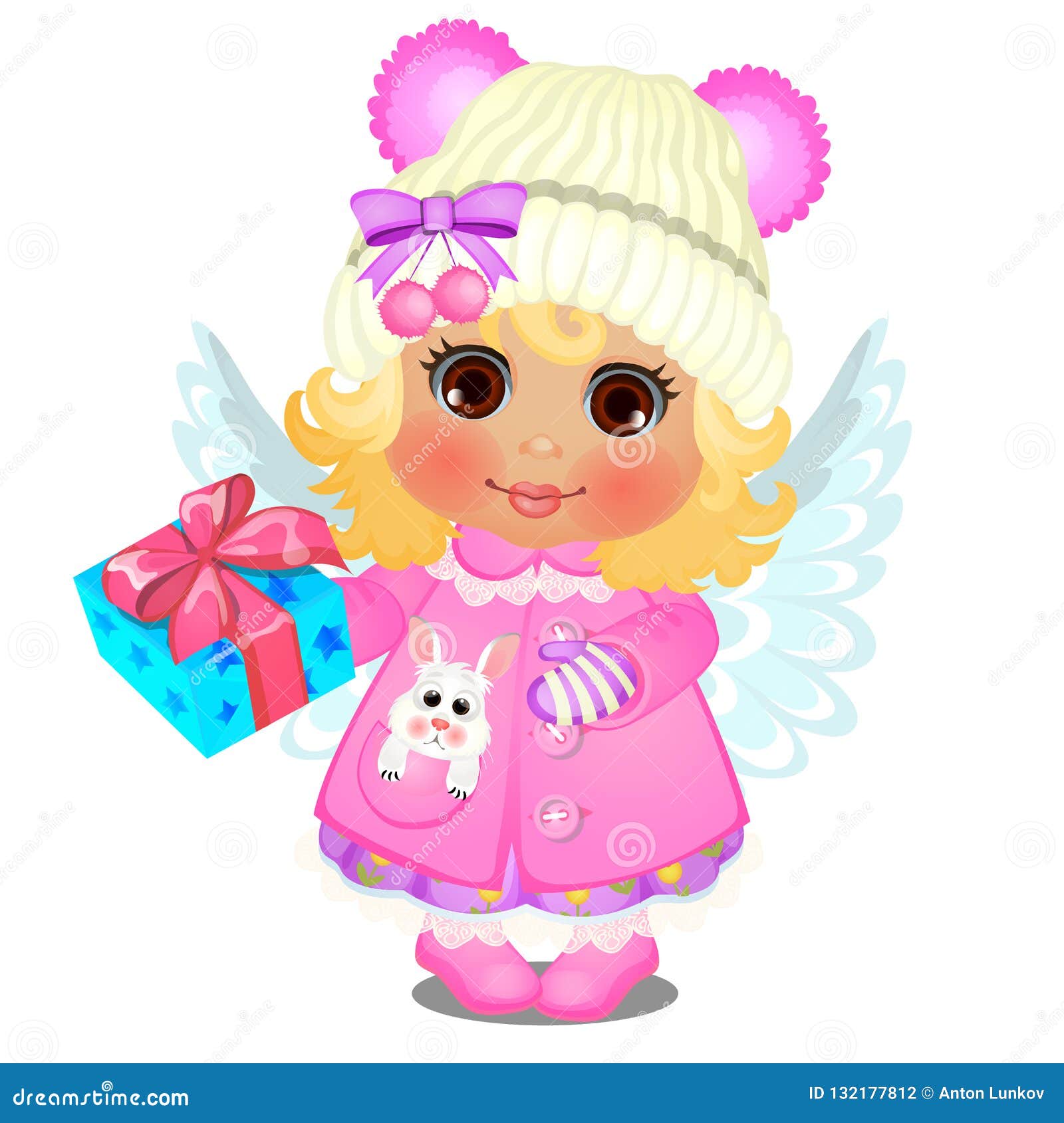 La Niña Linda Animada En Ropa Del Invierno Con El Casquillo Hecho Punto Con  Las Alas Rosadas Del Pompom Y Del ángel Sostiene Una Ilustración del Vector  - Ilustración de poco, cabrito: