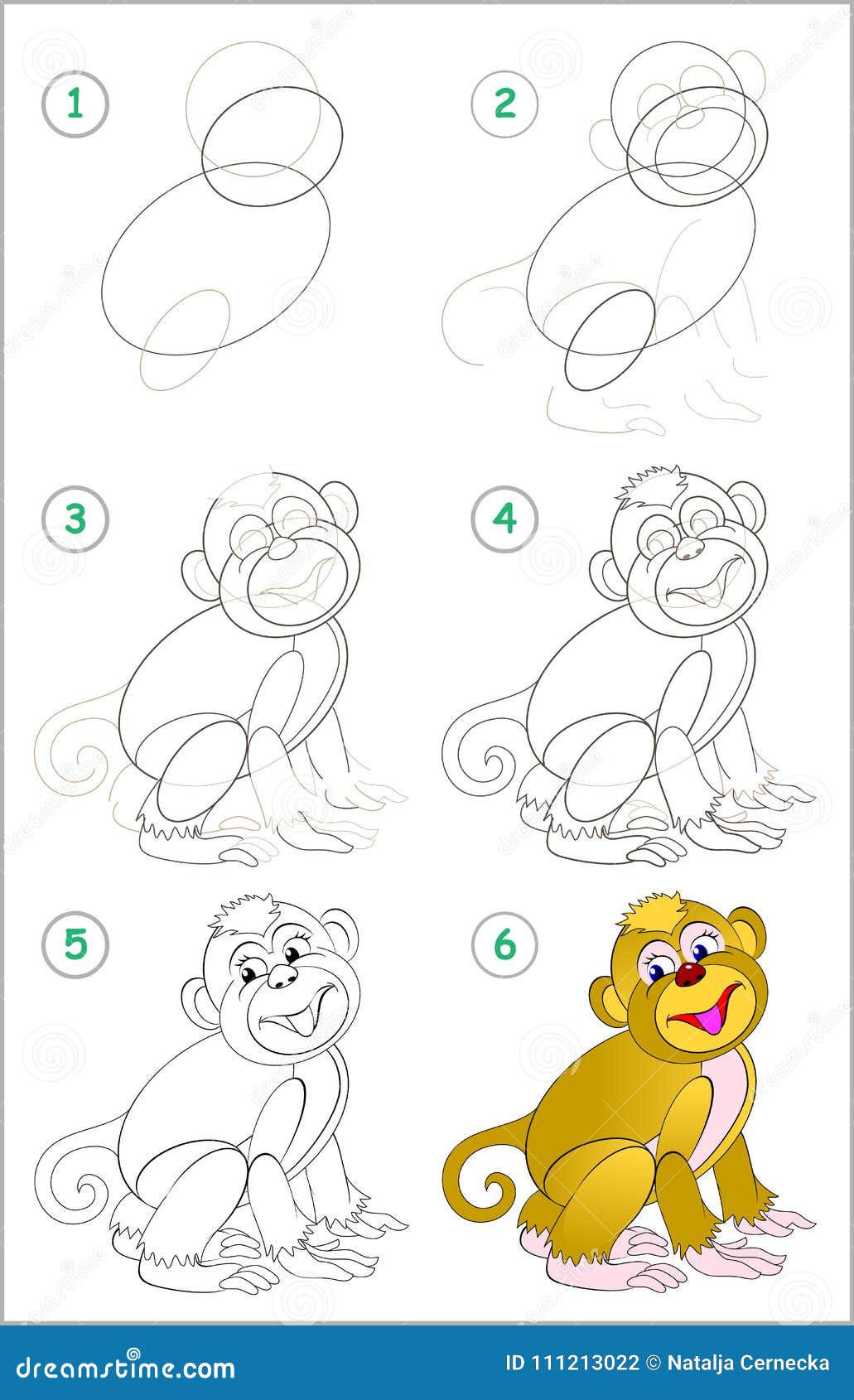 La Página Muestra Cómo Aprender Paso a Paso Dibujar Un Mono Lindo  Ilustración del Vector - Ilustración de negro, mono: 111213022