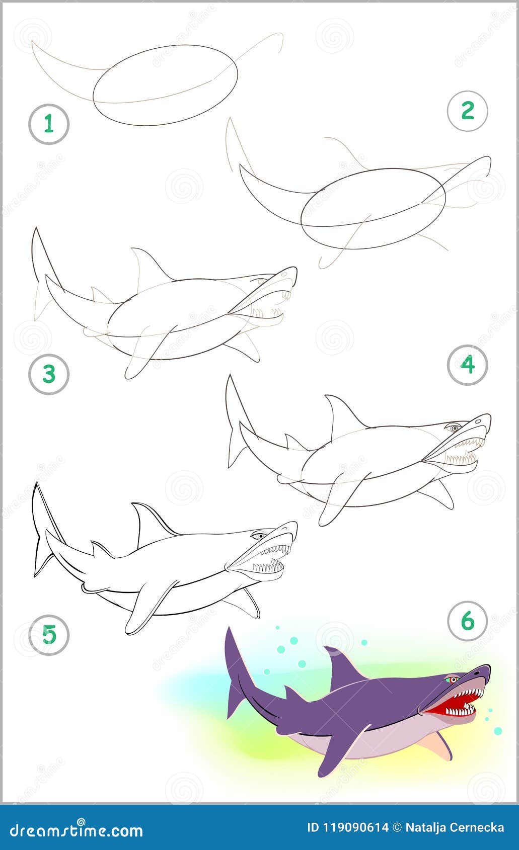 La Página Muestra Cómo Aprender Paso a Paso Dibujar Un Tiburón Lindo  Ilustración del Vector - Ilustración de pescados, forma: 119090614