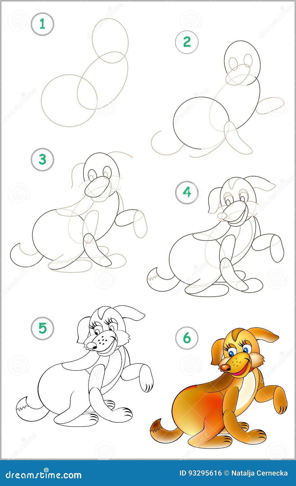 La pagina mostra e imparare per gradi disegnare un cane Abilit  di sviluppo dei bambini per il disegno e colorare Libera da Diritti
