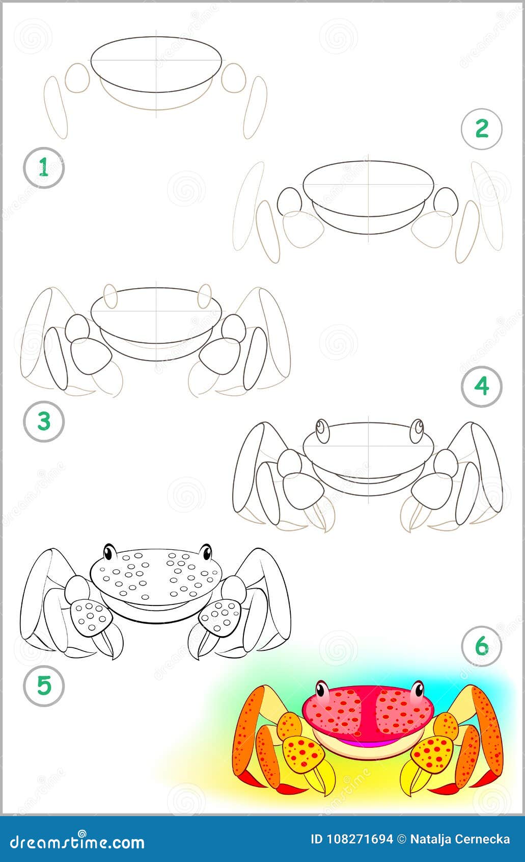 La pagina mostra e imparare per gradi disegnare un piccolo granchio Abilit  di sviluppo dei bambini per il disegno e colorare Libera da Diritti