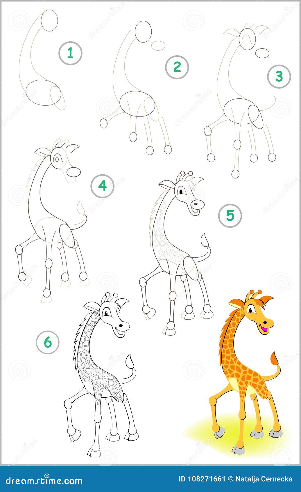 La pagina mostra e imparare per gradi disegnare una piccola giraffa Abilit  di sviluppo dei bambini per il disegno e colorare Libera da Diritti
