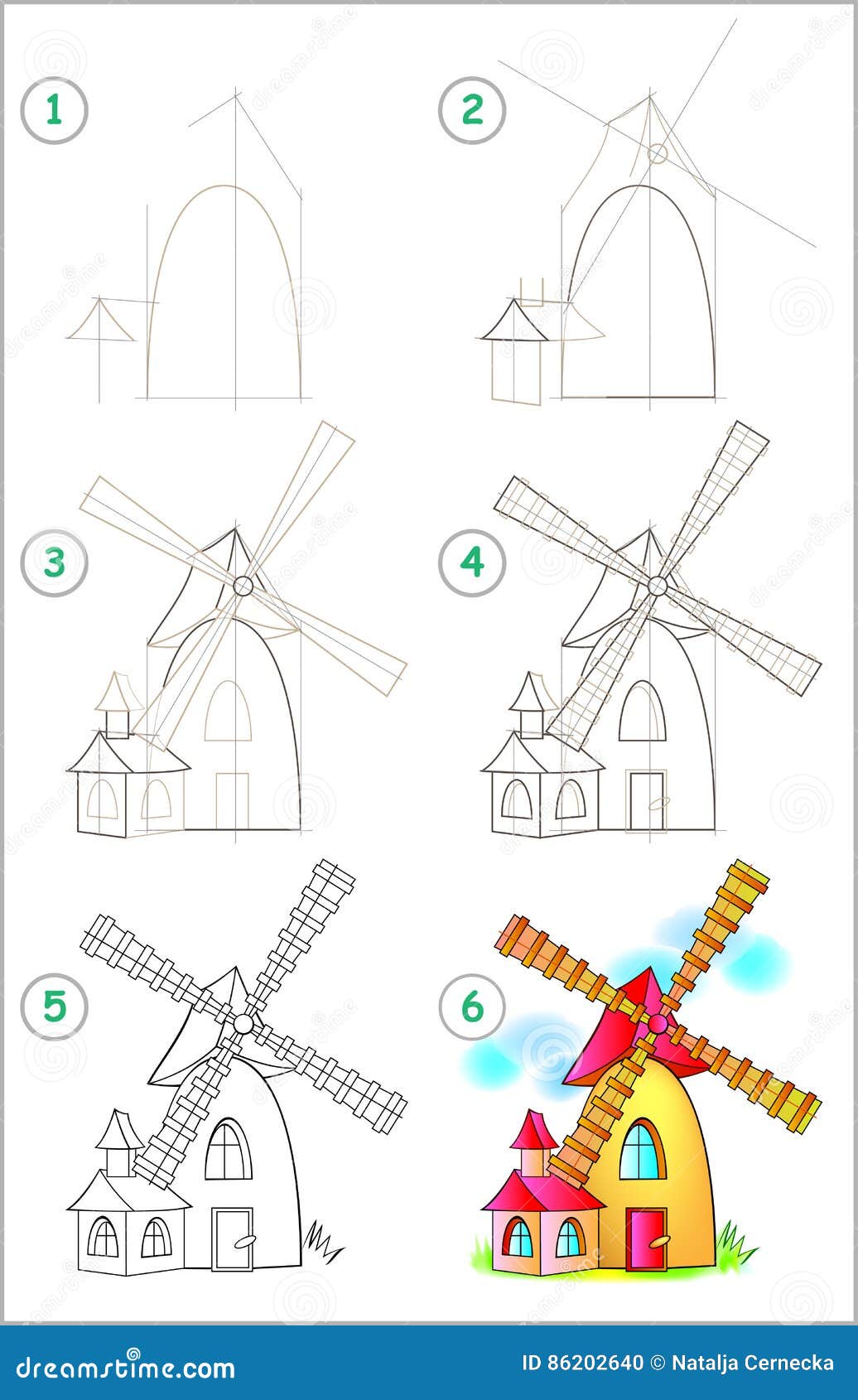 La pagina mostra e imparare per gradi estrarre un mulino a vento Abilit  di sviluppo dei bambini per il disegno e colorare Libera da Diritti
