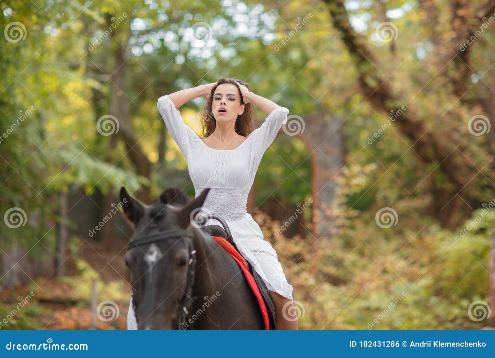 magnifique fille dans une blanc robe équitation une cheval sur le