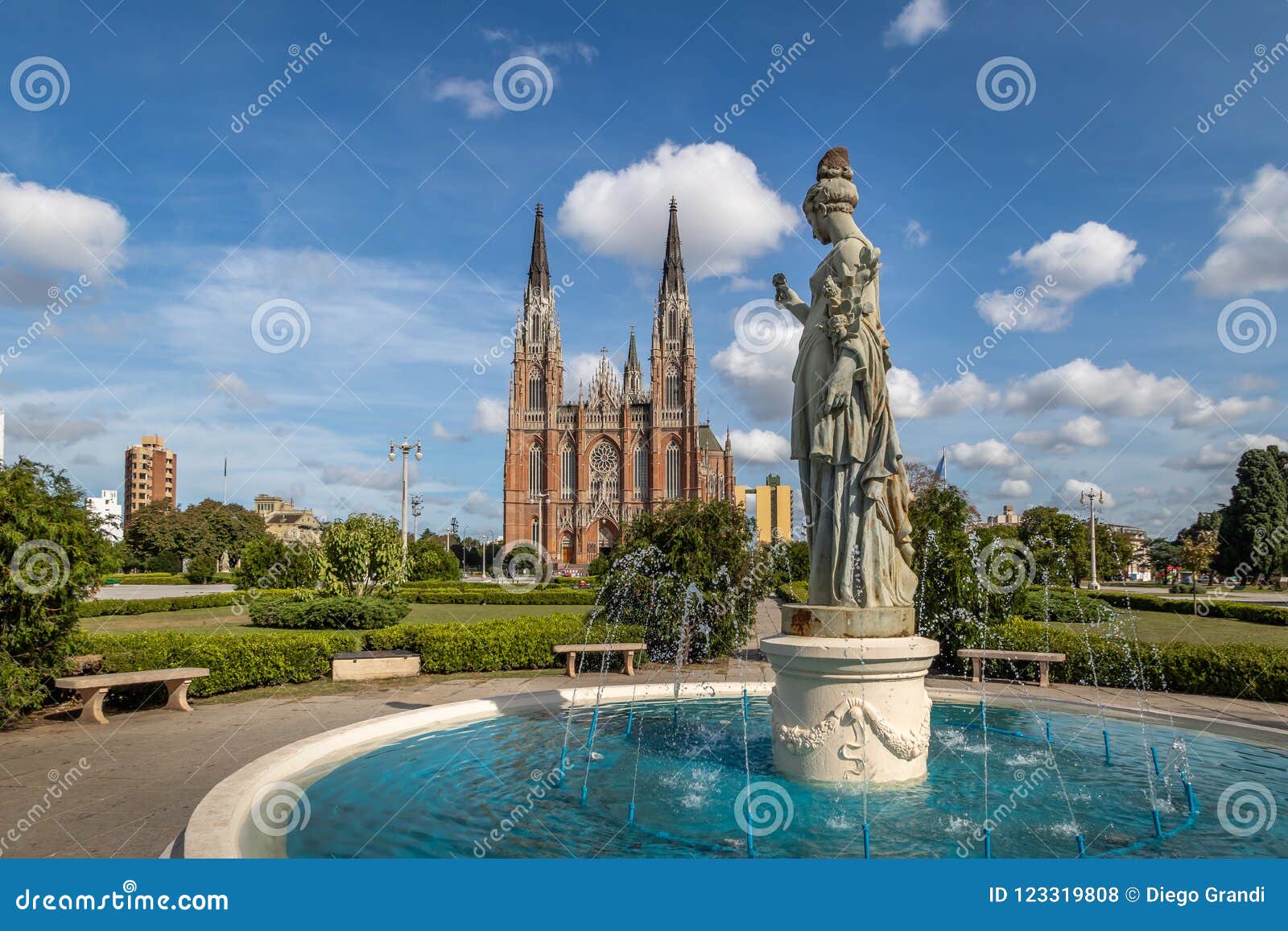 la plata cathedral and plaza moreno fountain - la plata, buenos aires province, argentina