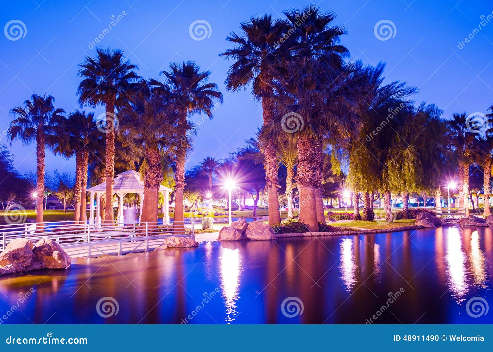 La Quinta City Park na noite Noite morna calma do inverno no La Quinta, Califórnia, Estados Unidos
