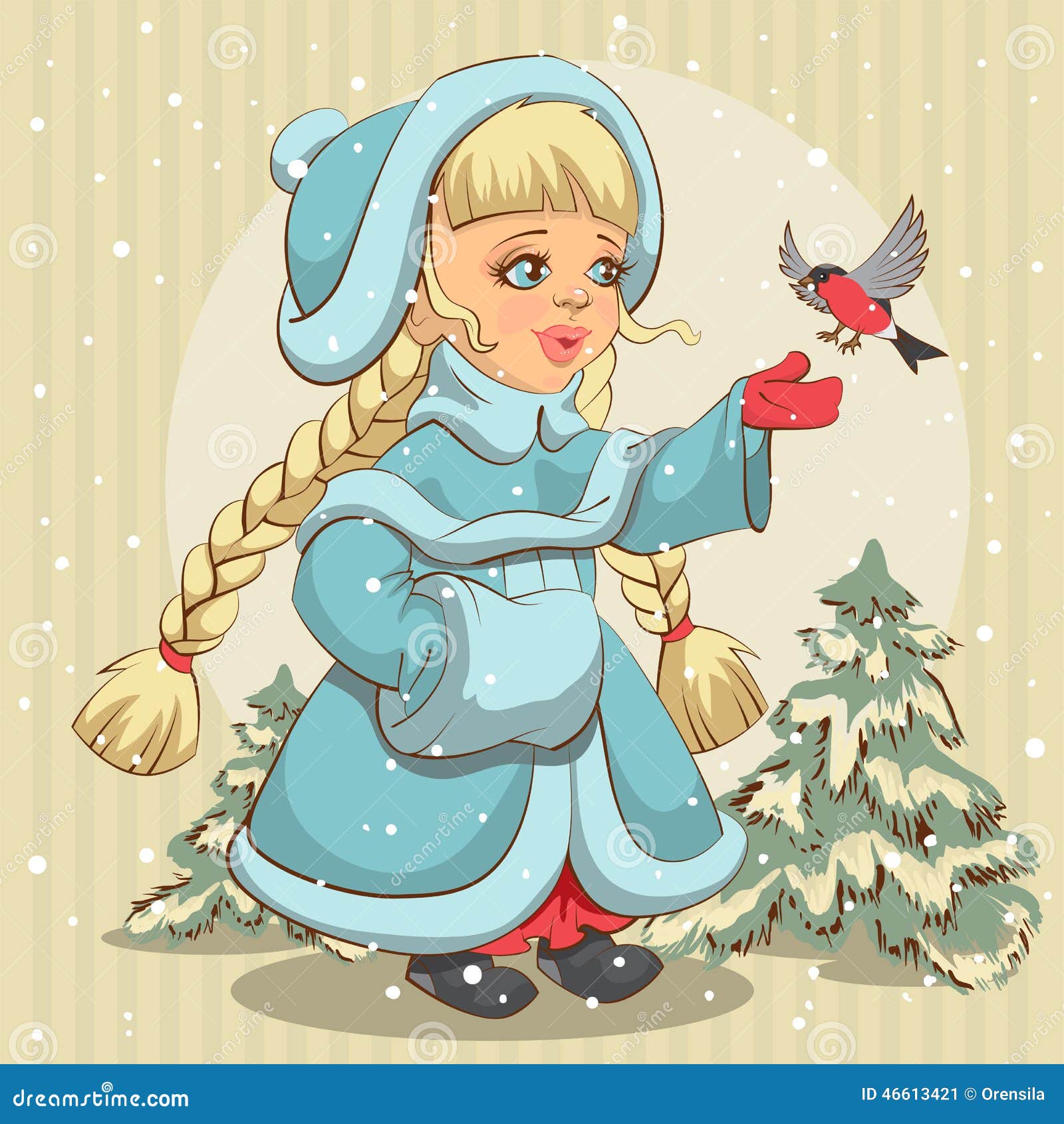 La Ragazza Della Neve in Pelliccia Blu Alimenta Il Ciuffolotto  Illustrazione Vettoriale - Illustrazione di snowflake, russo: 46613421