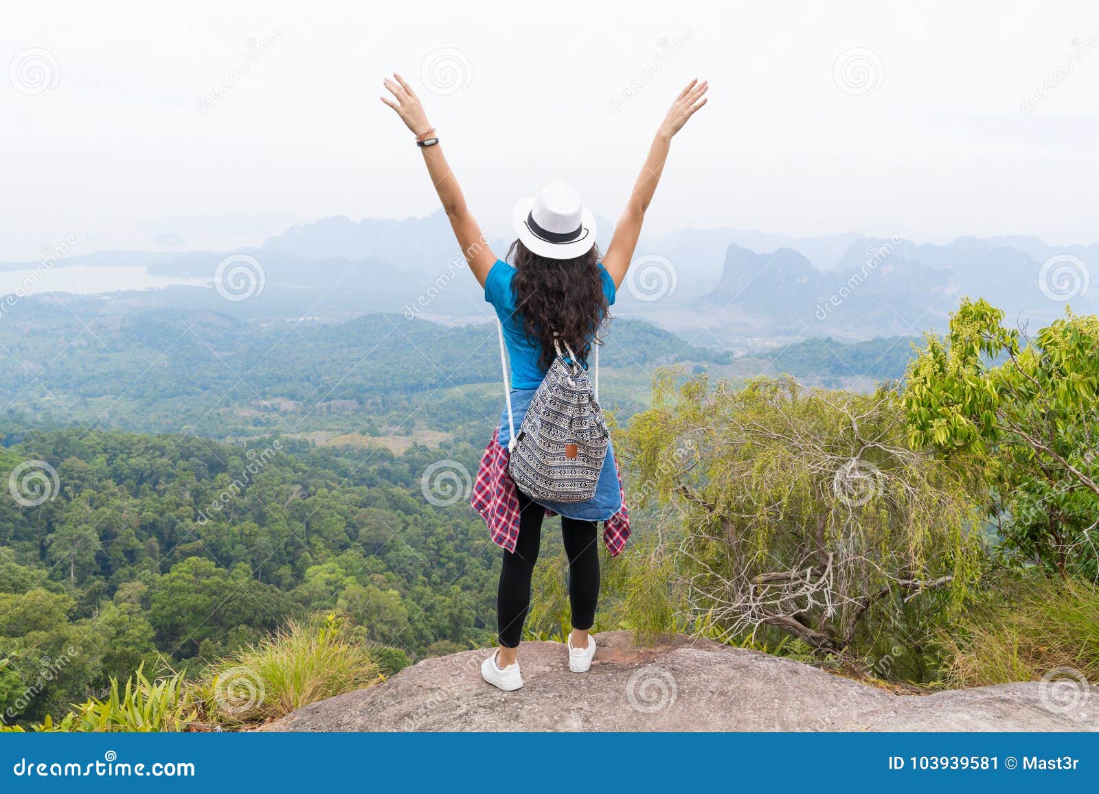 La ragazza turistica con lo zaino che sta della montagna delle mani sulla retrovisione sollevata superiore indietro gode di bello paesaggio, giovane donna sull'aumento