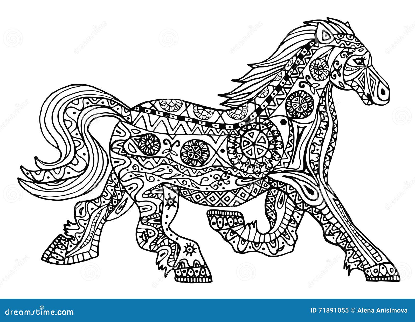 La stampa in bianco e nero del cavallo con i modelli etnici dello zentangle Fotografia Stock
