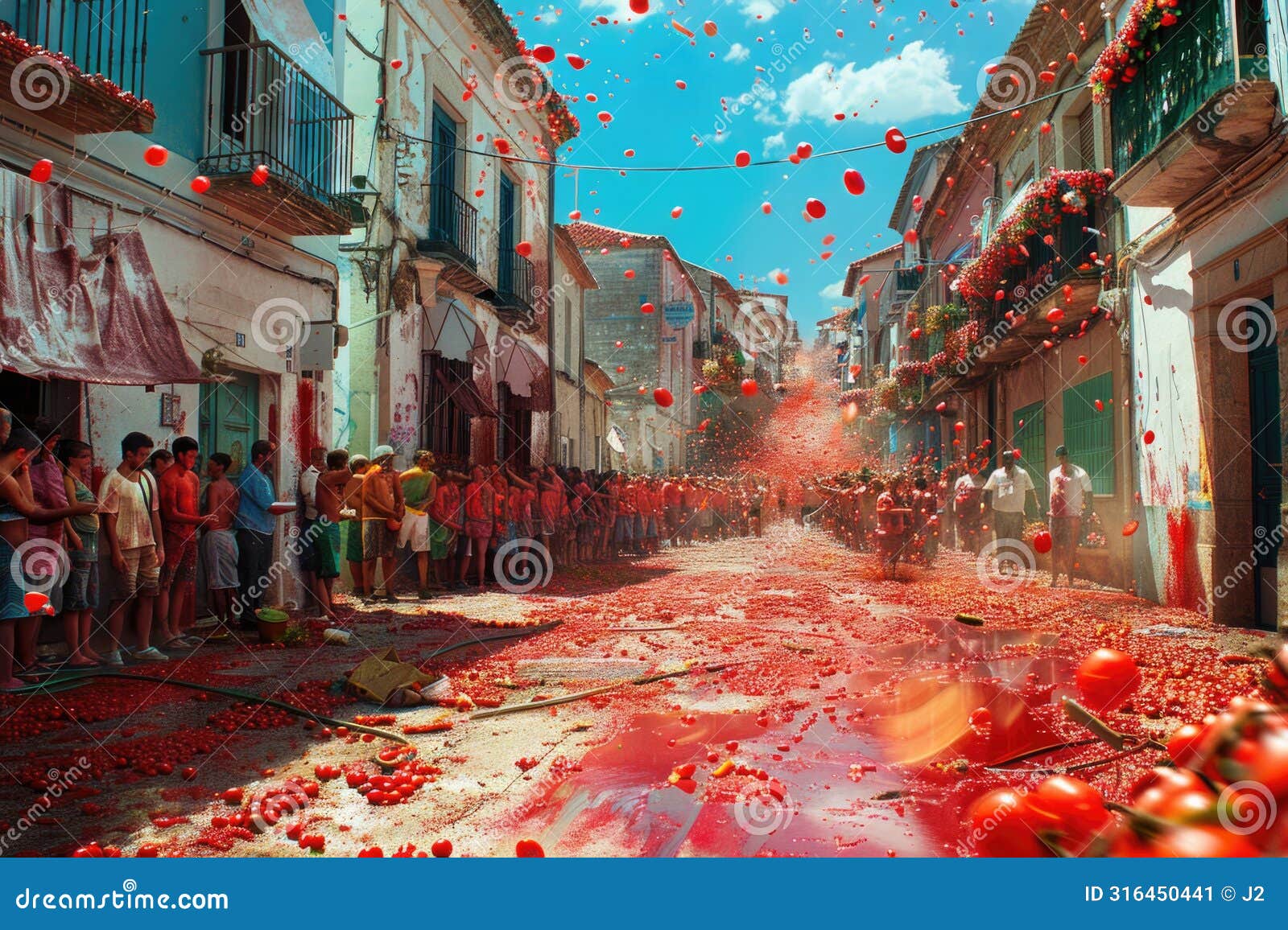 la tomatina festival in bunyol, spain with participants engaging in a vibrant tomato fight