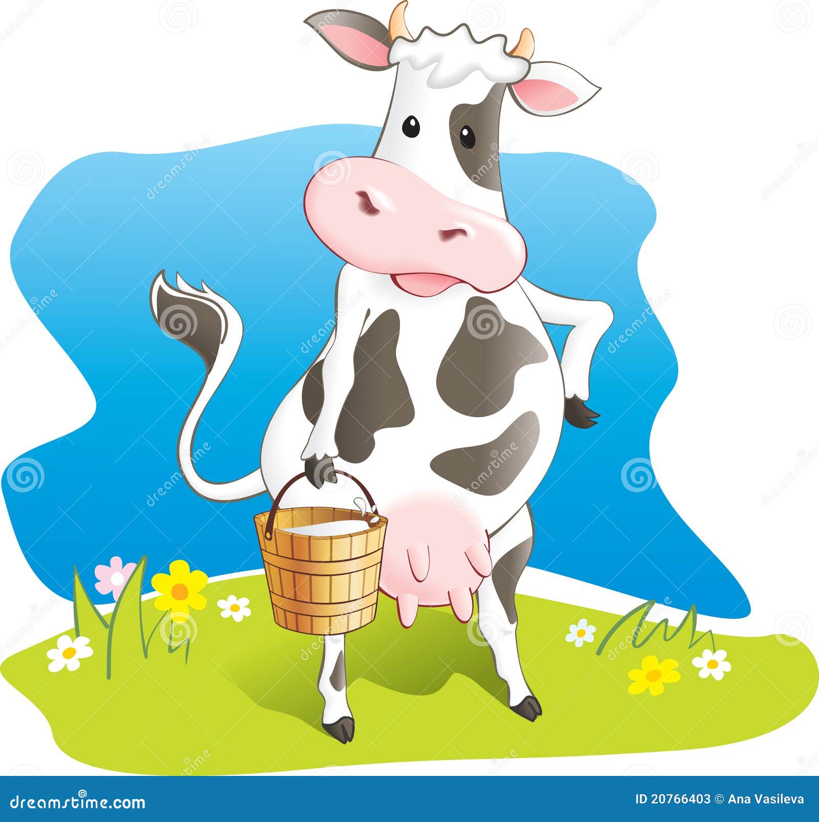 La Vache Drôle Portent Le Seau En Bois Avec Du Lait