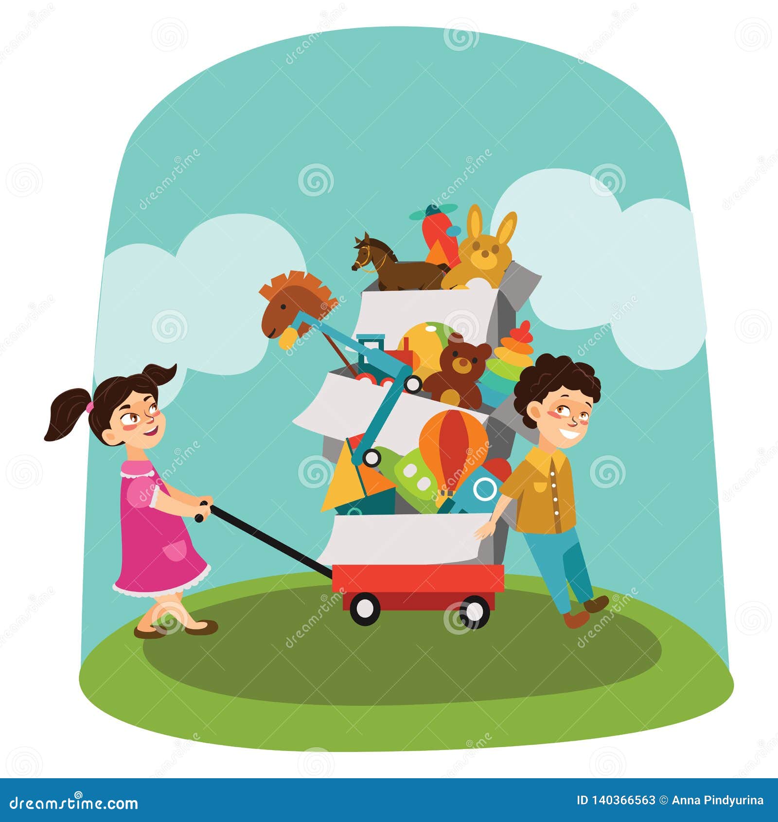 La Venta, El Muchacho Y La Muchacha De Garaje Compraron Juguetes En La Venta De La Primavera, Niños Llevan El Carro Con Las Cajas Ilustración del Vector - Ilustración de venta, compraron: