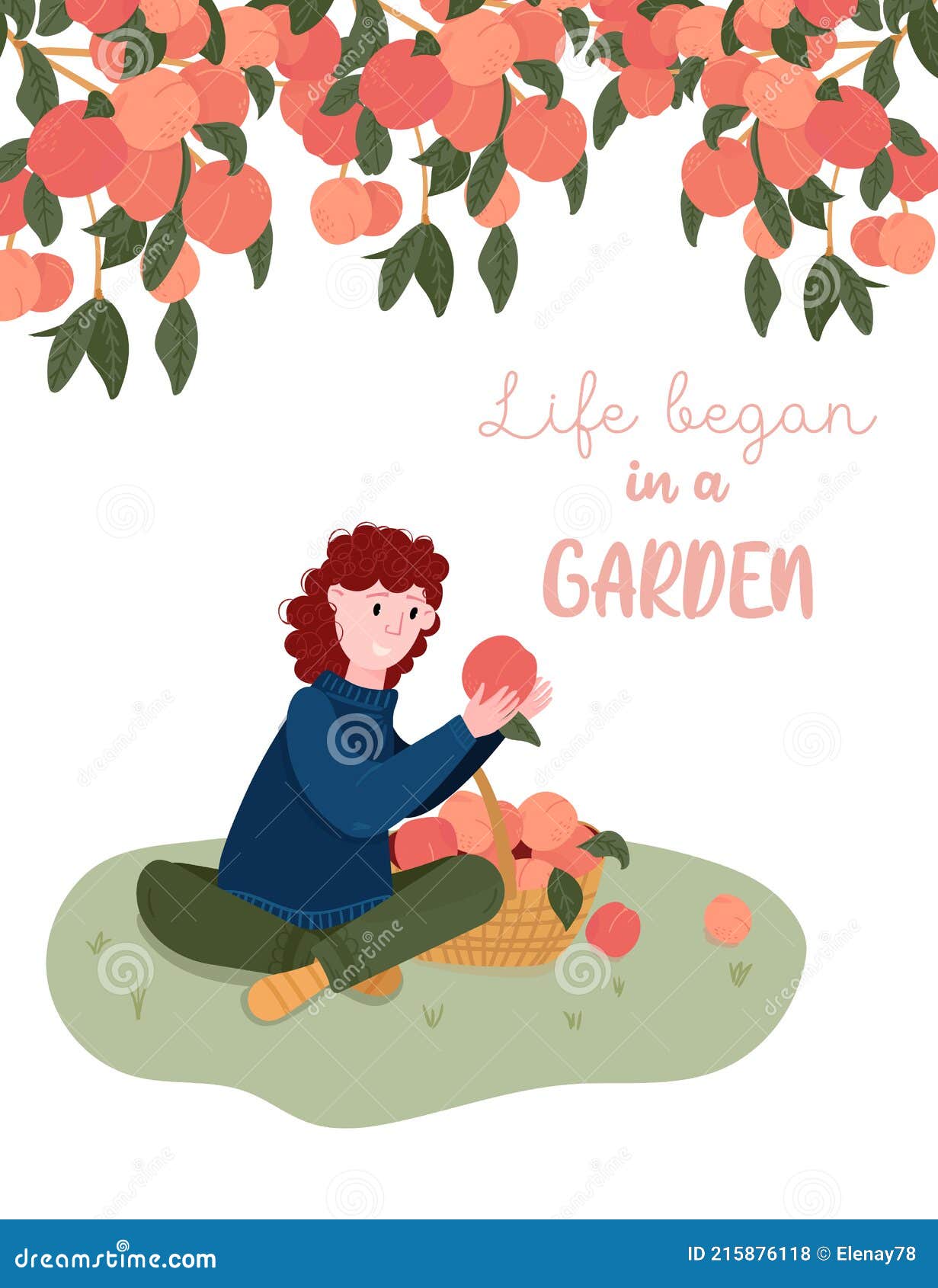 La Vie A Commence Dans Un Jardin Citation Carte De Voeux Avec Devis Jardin Femme Cueillir Des Fruits Dans Le Panier Jardinier P Illustration De Vecteur Illustration Du Jardinier Orange