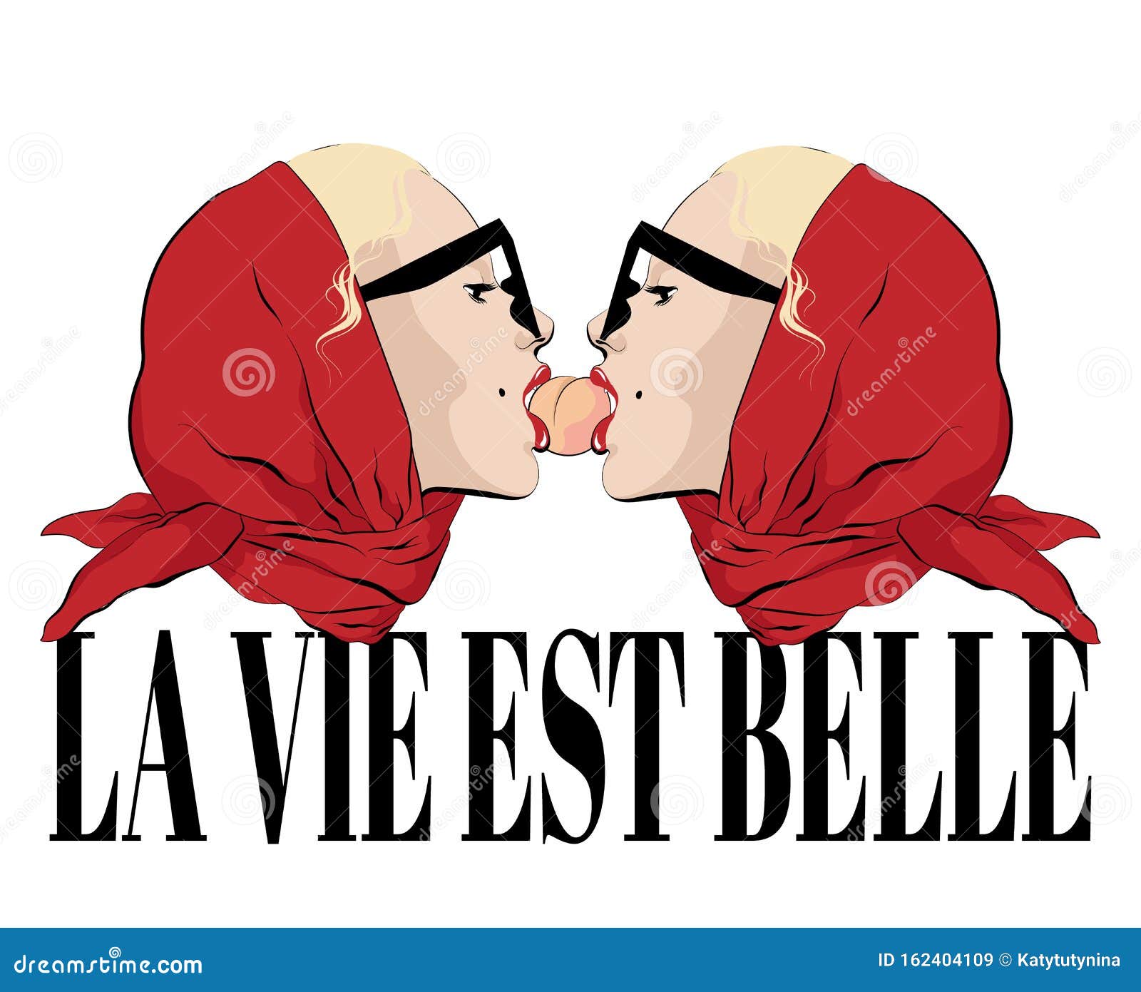la vie est belle.  hand drawn  of blondes  in shawl and glasses biting a peach.
