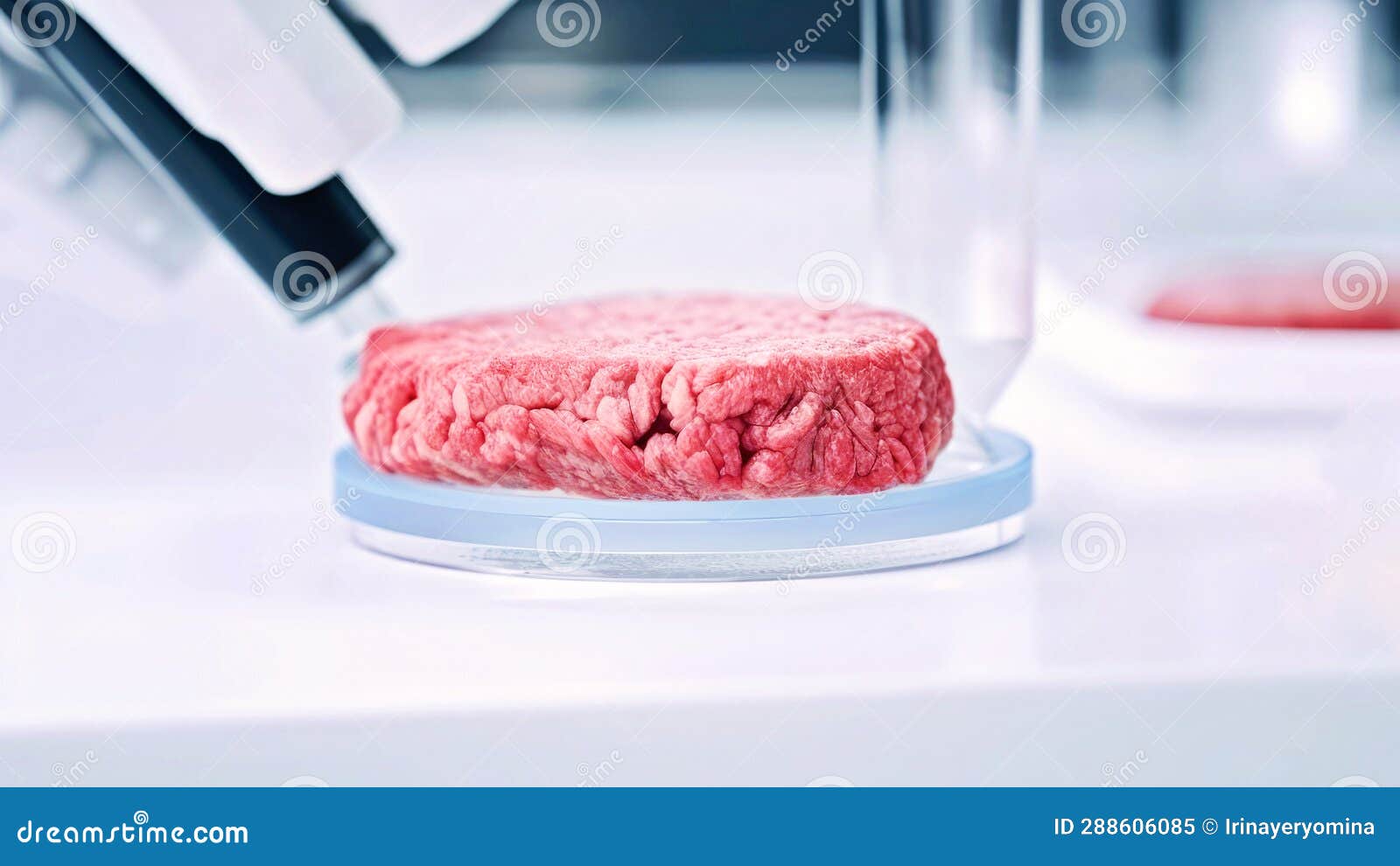 lab-grown meat. cultivated meat is grown from animal cells. meat in test tubes in a white science lab. ai generative