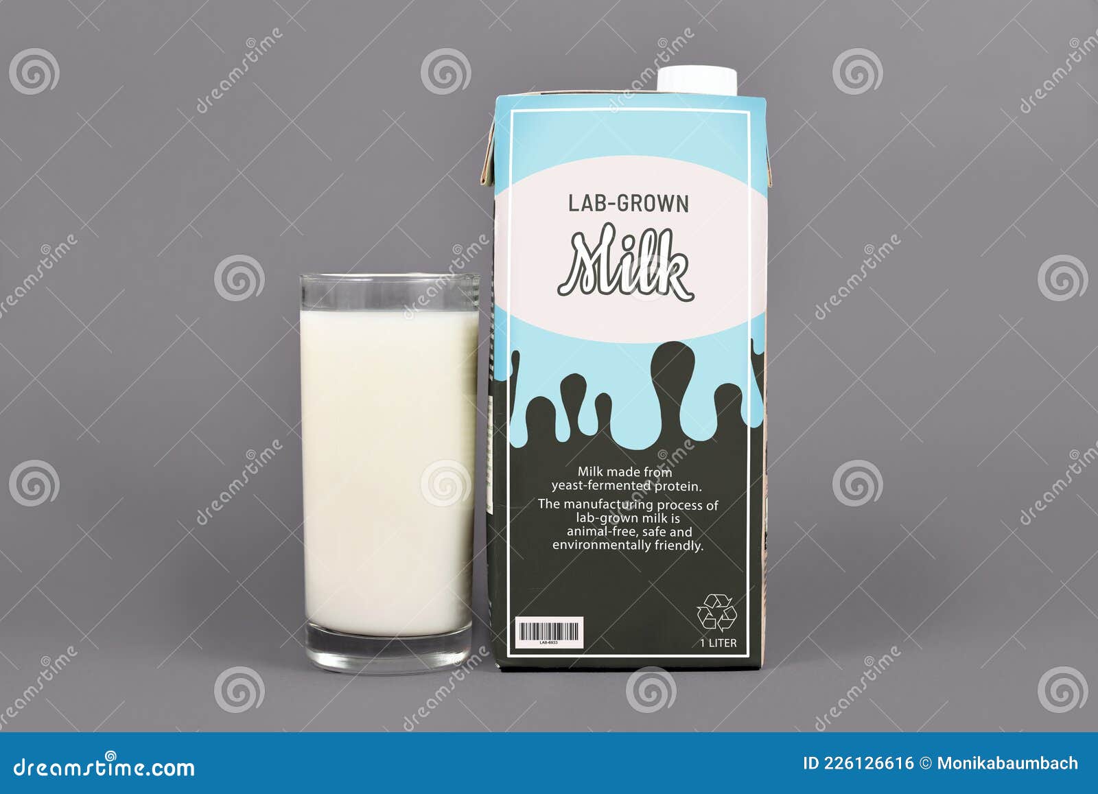 lab grown milk concept for artificial cultured dairy production from reproduced milk proteins with carton l