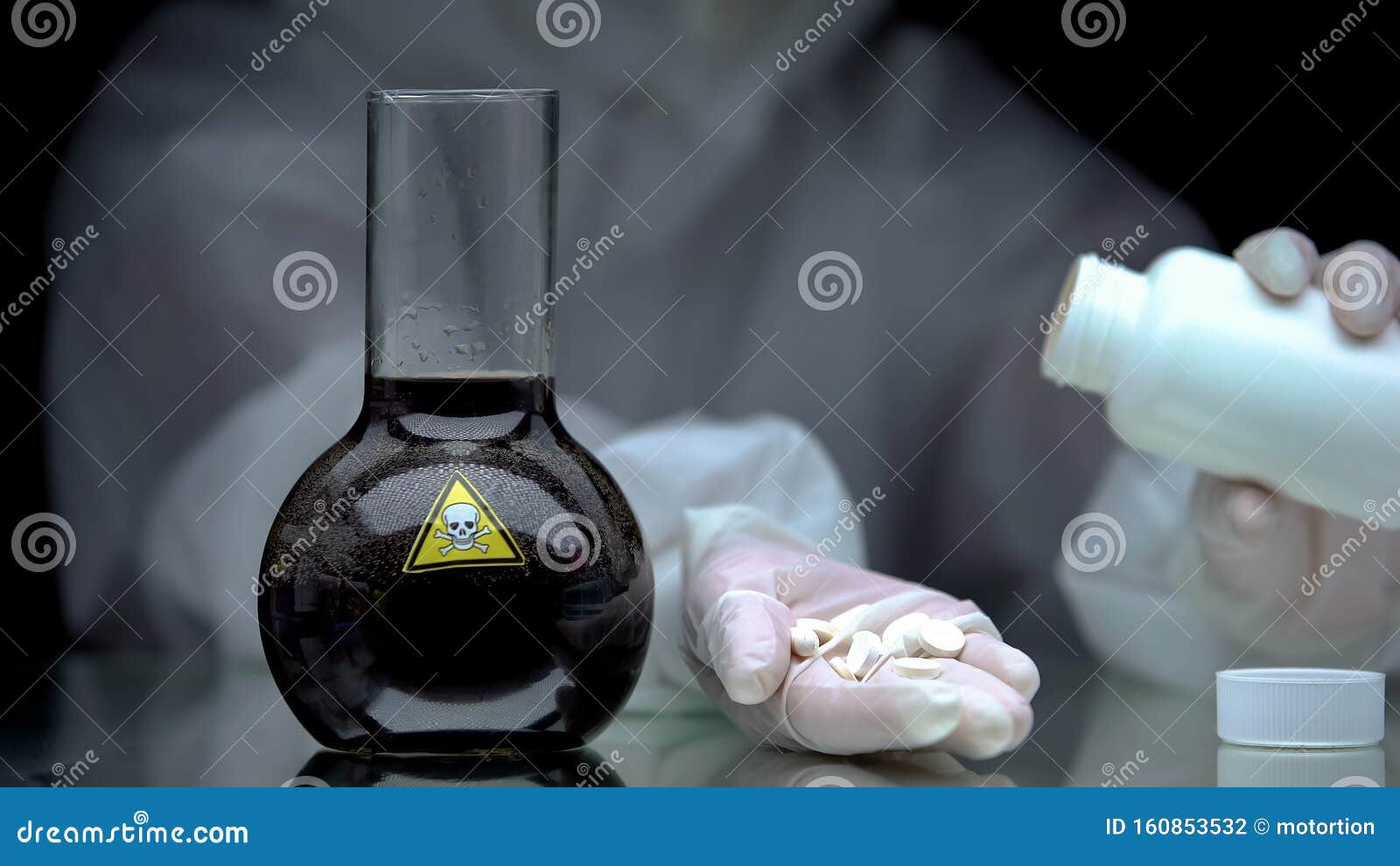 lab worker showing pills, toxic liquid in flask on table, antidote development