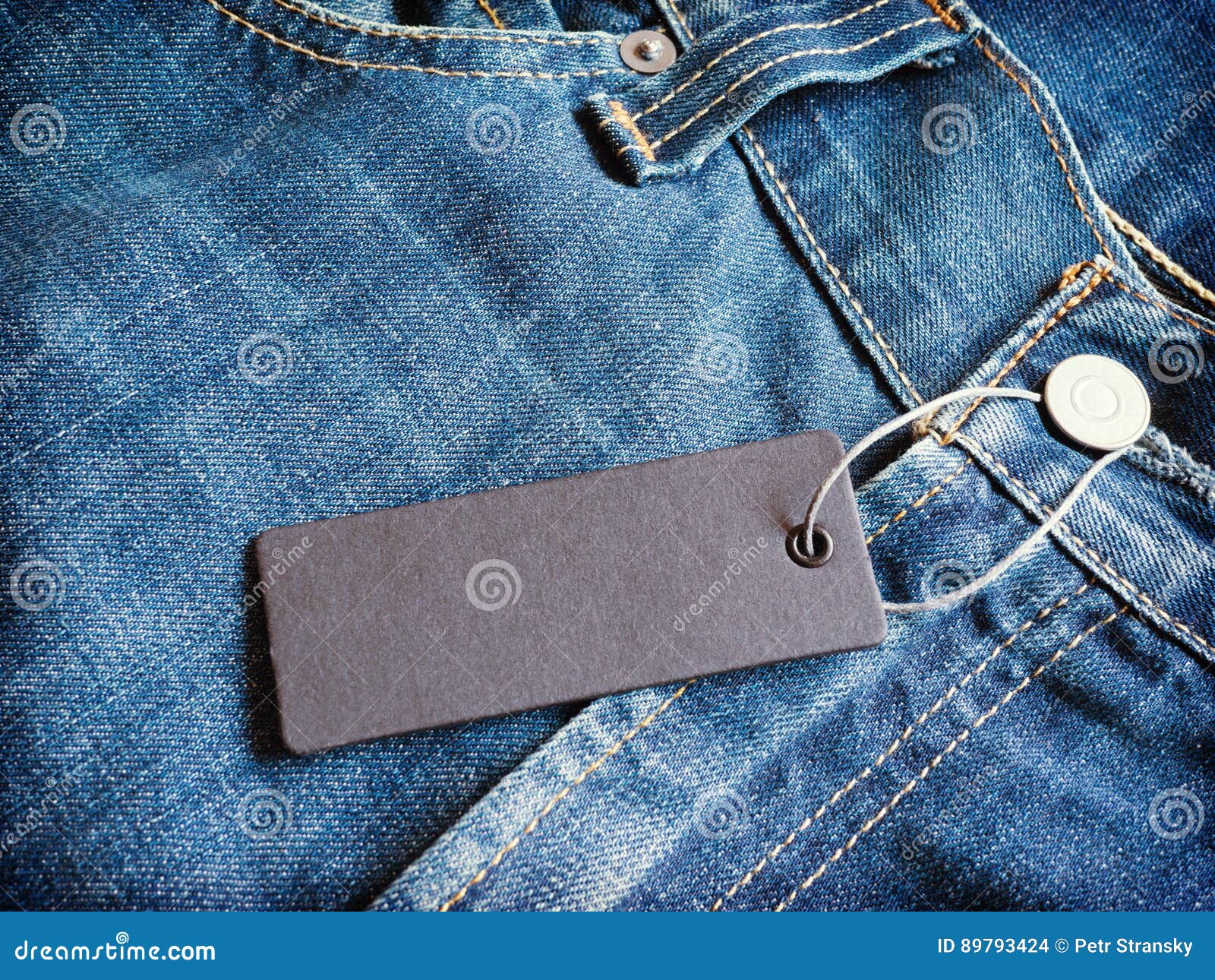 Label Gray Price Tag Mockup on Blue Jeans. Stock Photo - Image of ...