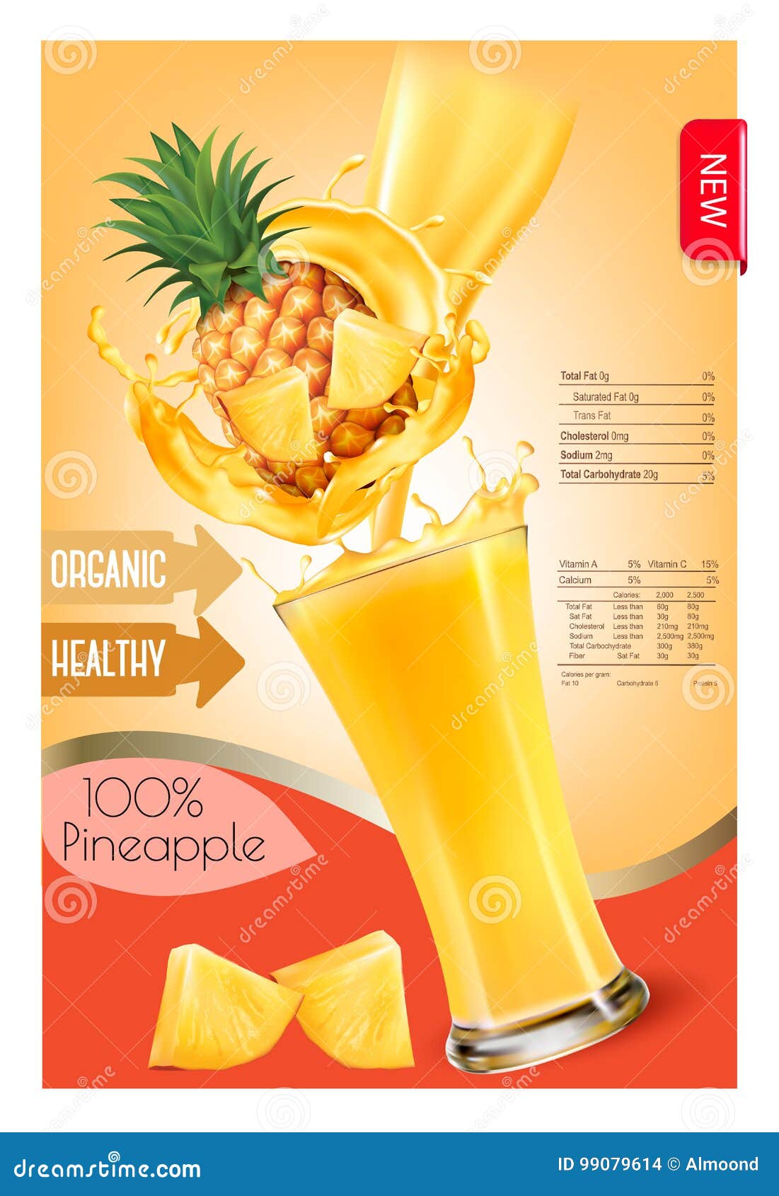 Label of Pineapple Juice Splash in a Glass. Desing Template Stock