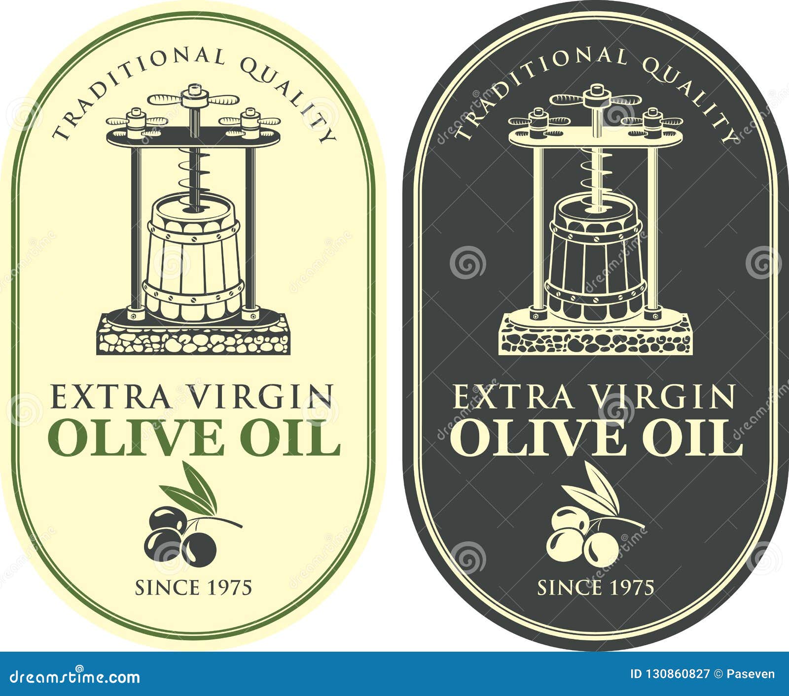 labels for olive oil with oil press and barrel