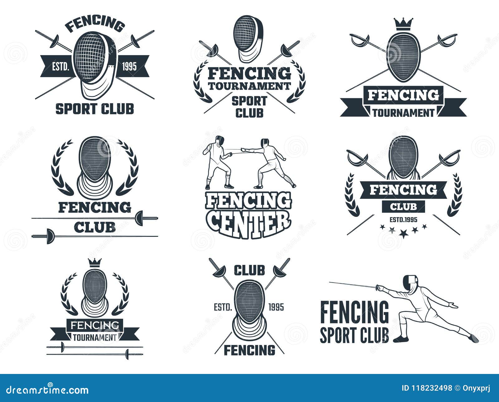 labels set for fencing sport. monochrome pictures of rapiers, sword mask and other equipment