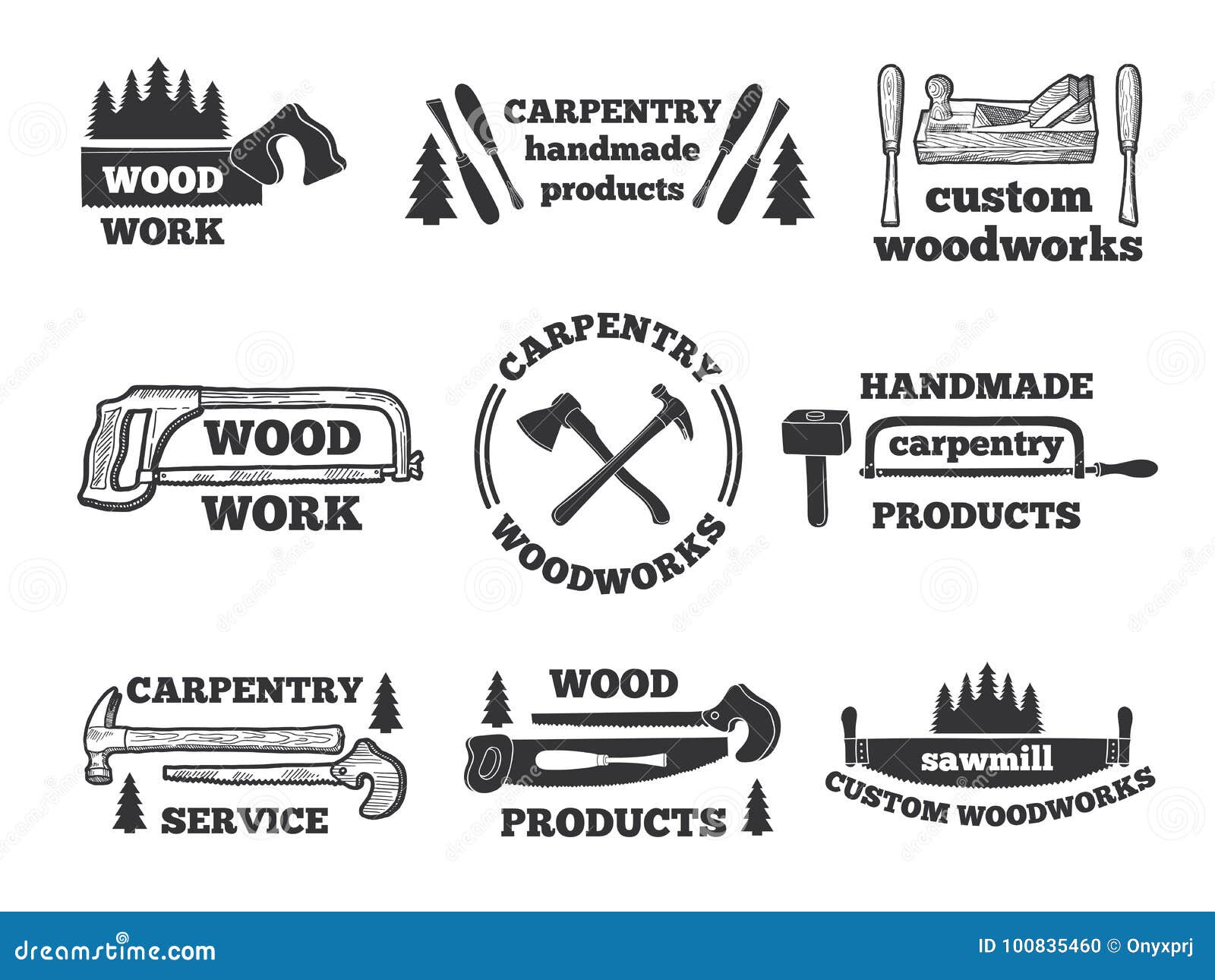Labels For Woodworking Shop. Monochrome Illustrations With 