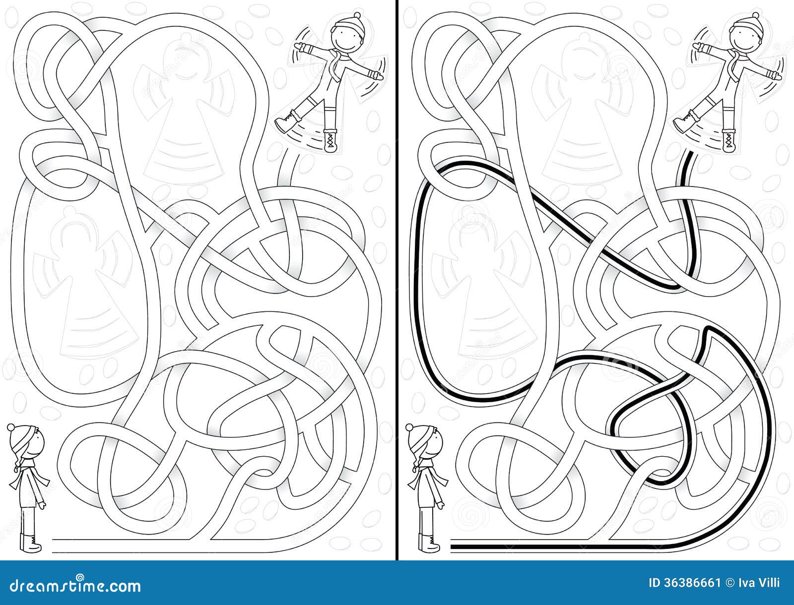 Labirinto da neve. Crianças que jogam na neve - labirinto para crianças com uma solução em preto e branco