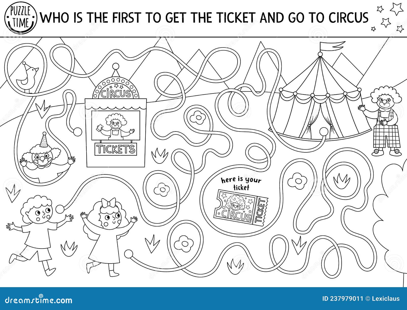 jogo de tabuleiro de dados preto e branco de circo para crianças com urso  andando de bicicleta pela arena. jogo de tabuleiro de linha de show de  diversões. desenho para colorir e