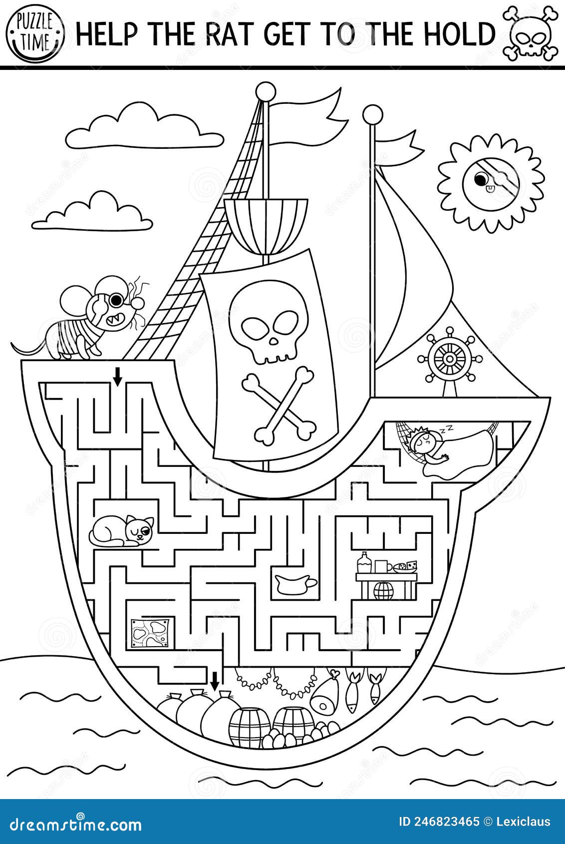 Jogo de labirinto para crianças pirata bonito está procurando um
