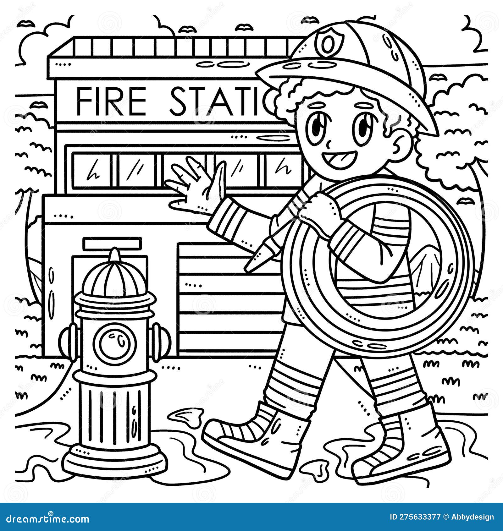 Labor Day Fireman with Hose Coloring Page for Kids Stock Vector ...