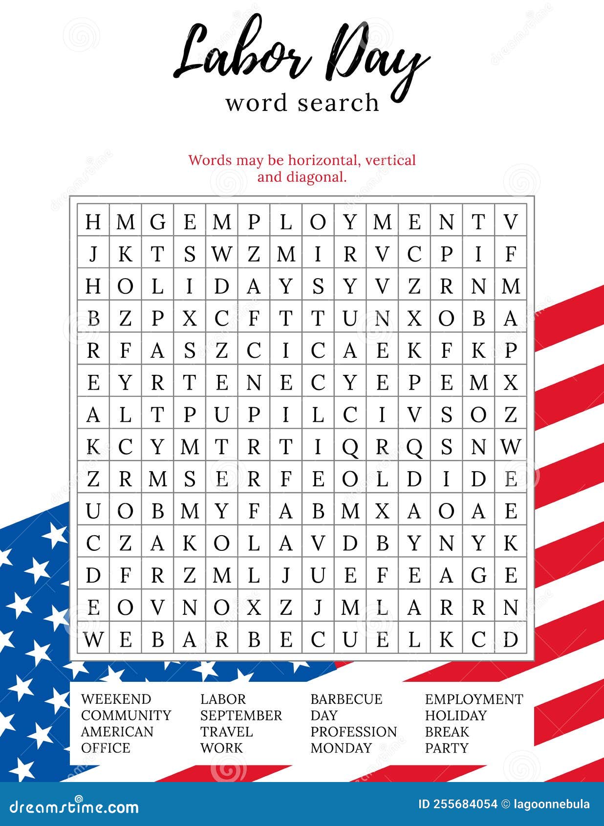 Labor Day Word Search Puzzle. 16 Holiday Themed Words To Find
